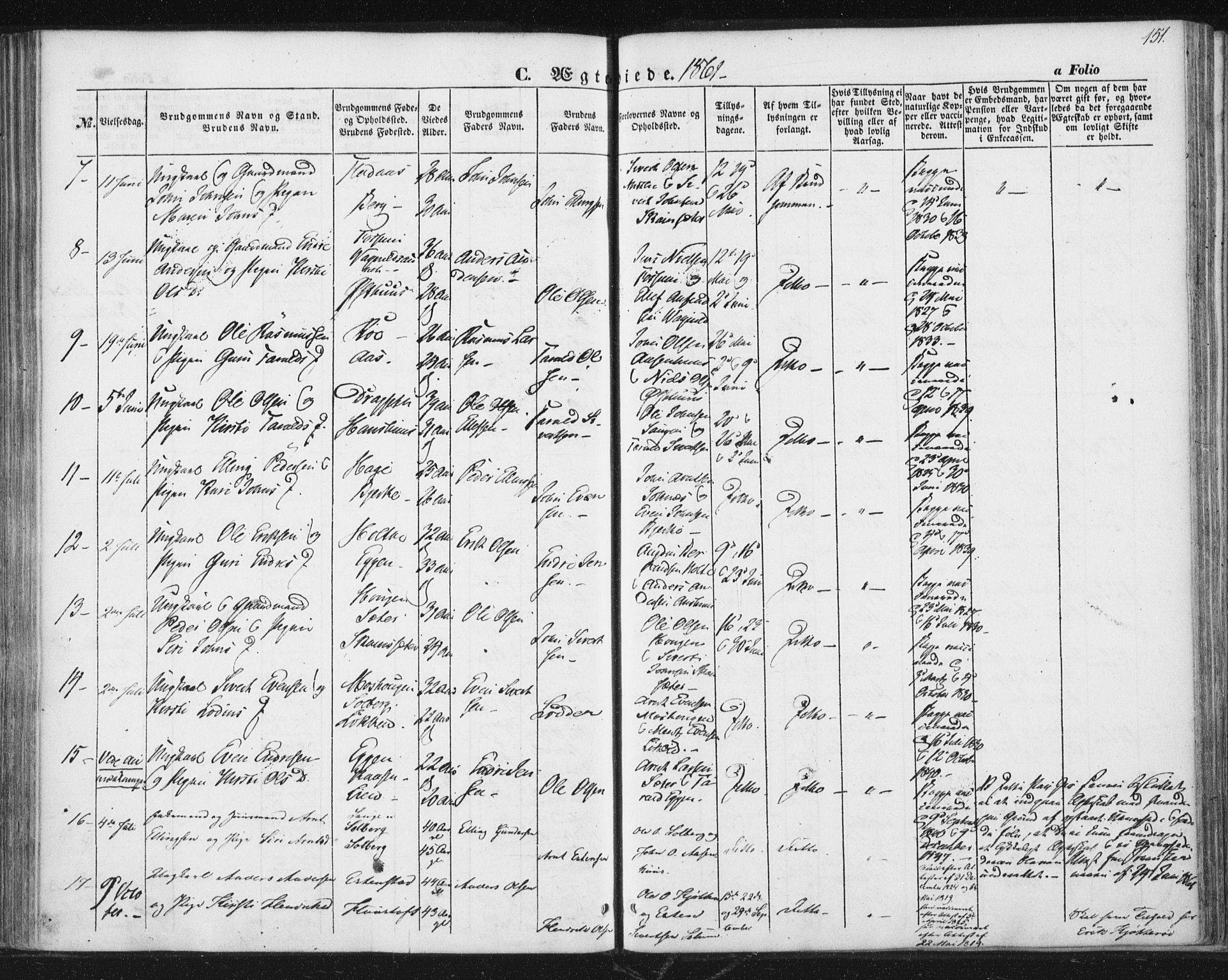 Ministerialprotokoller, klokkerbøker og fødselsregistre - Sør-Trøndelag, SAT/A-1456/689/L1038: Parish register (official) no. 689A03, 1848-1872, p. 151