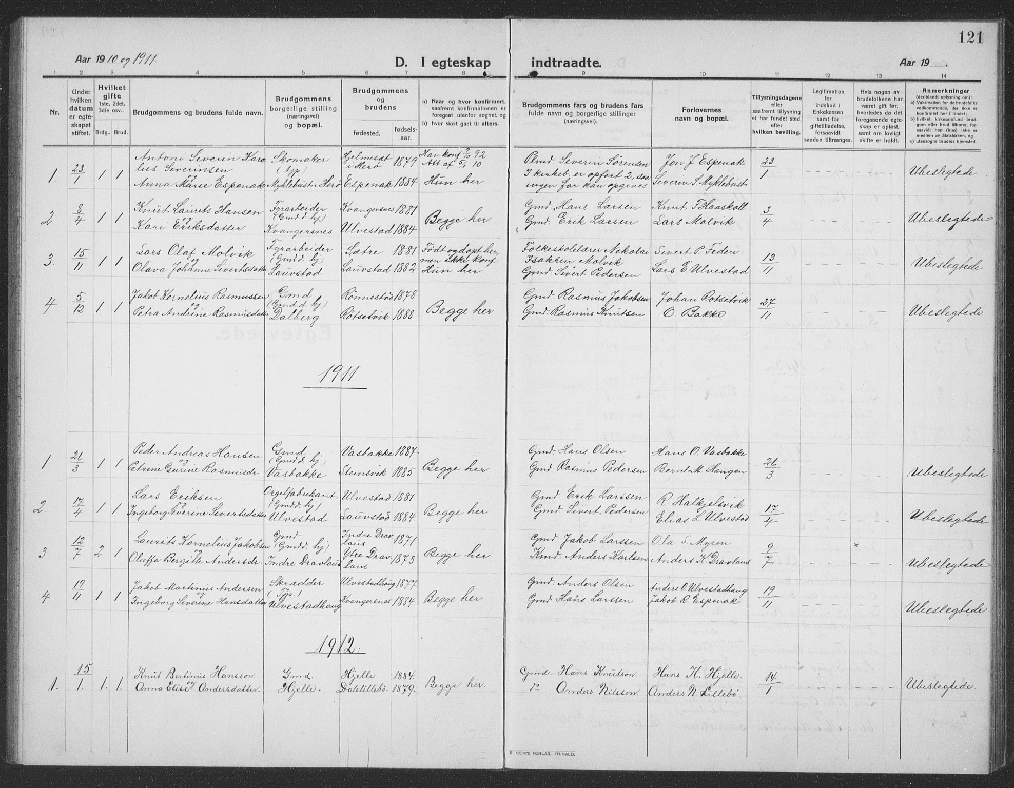 Ministerialprotokoller, klokkerbøker og fødselsregistre - Møre og Romsdal, SAT/A-1454/512/L0169: Parish register (copy) no. 512C01, 1910-1935, p. 121