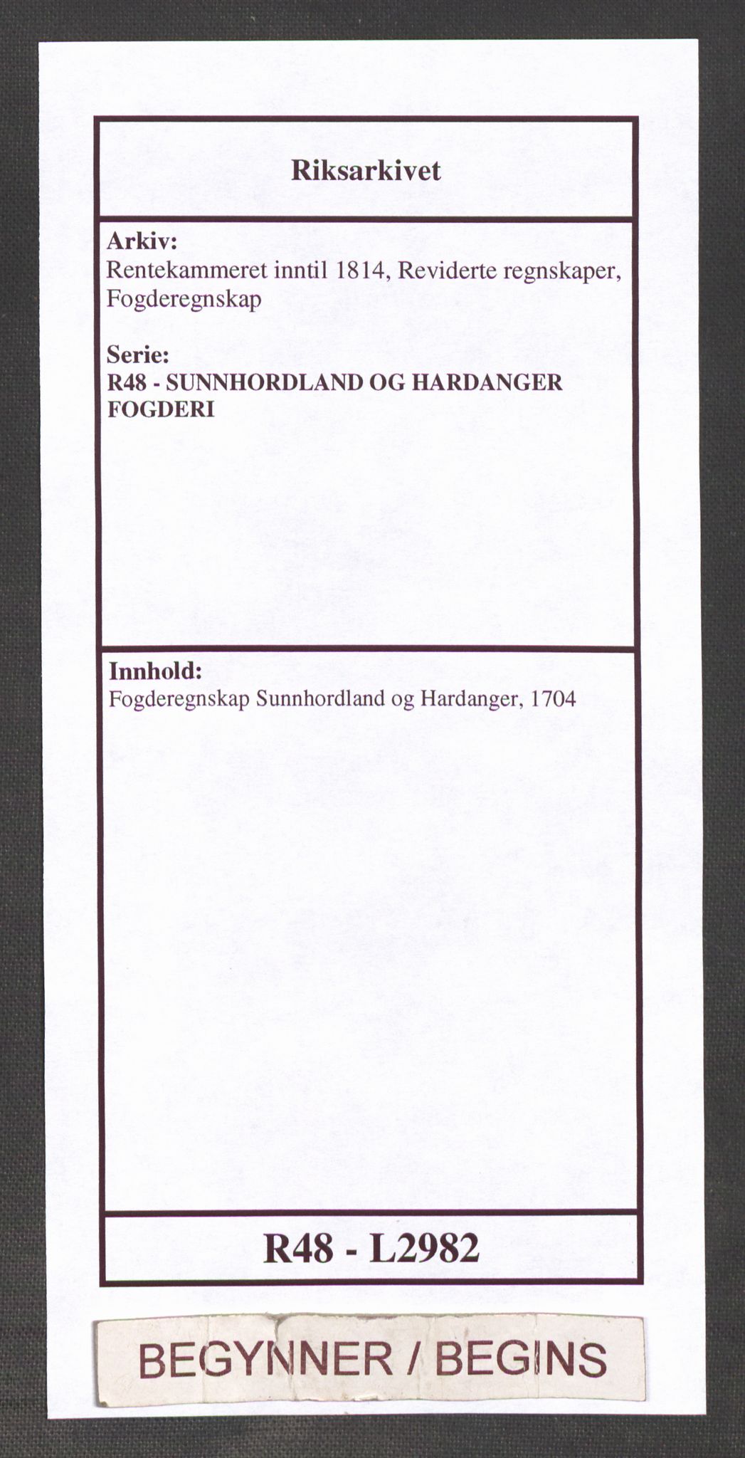 Rentekammeret inntil 1814, Reviderte regnskaper, Fogderegnskap, AV/RA-EA-4092/R48/L2982: Fogderegnskap Sunnhordland og Hardanger, 1704, p. 1