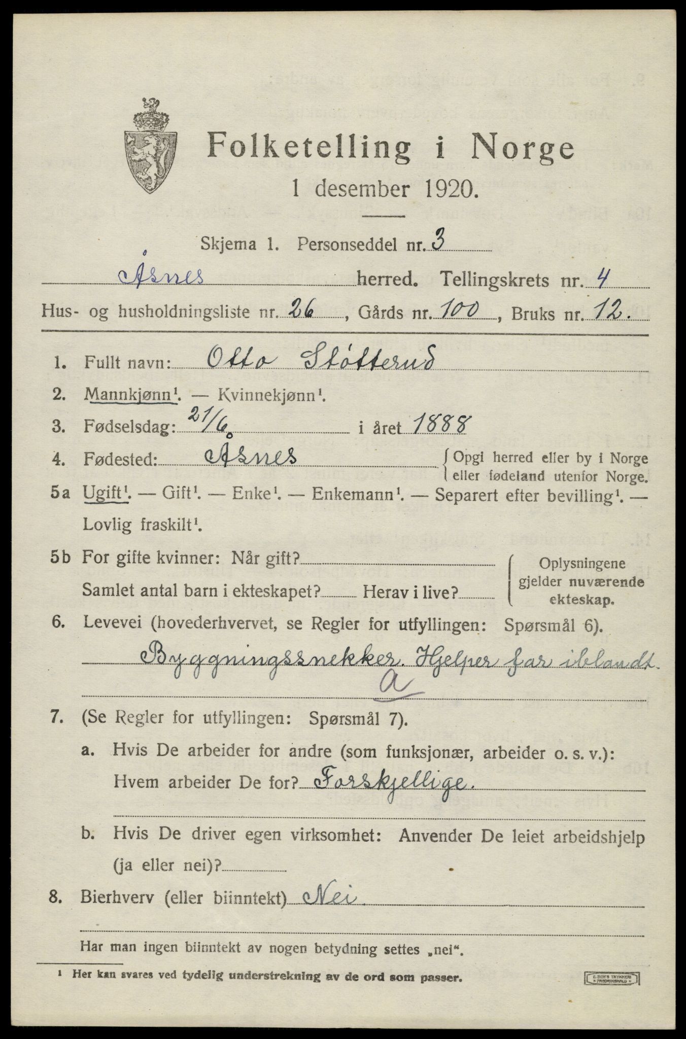 SAH, 1920 census for Åsnes, 1920, p. 5040