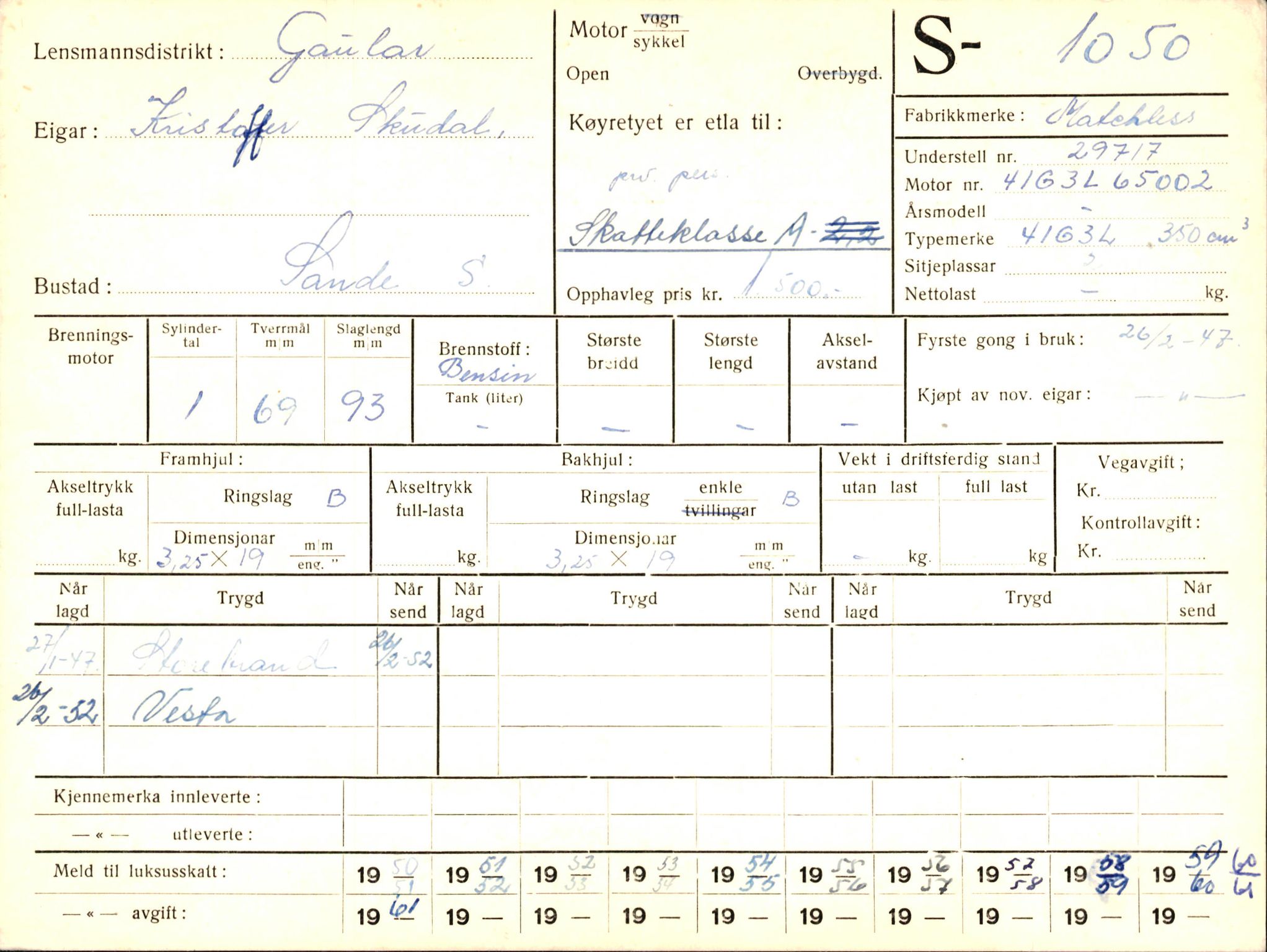 Statens vegvesen, Sogn og Fjordane vegkontor, AV/SAB-A-5301/4/F/L0003: Registerkort utmeldte Fjordane S1000-2499, 1930-1961, p. 88