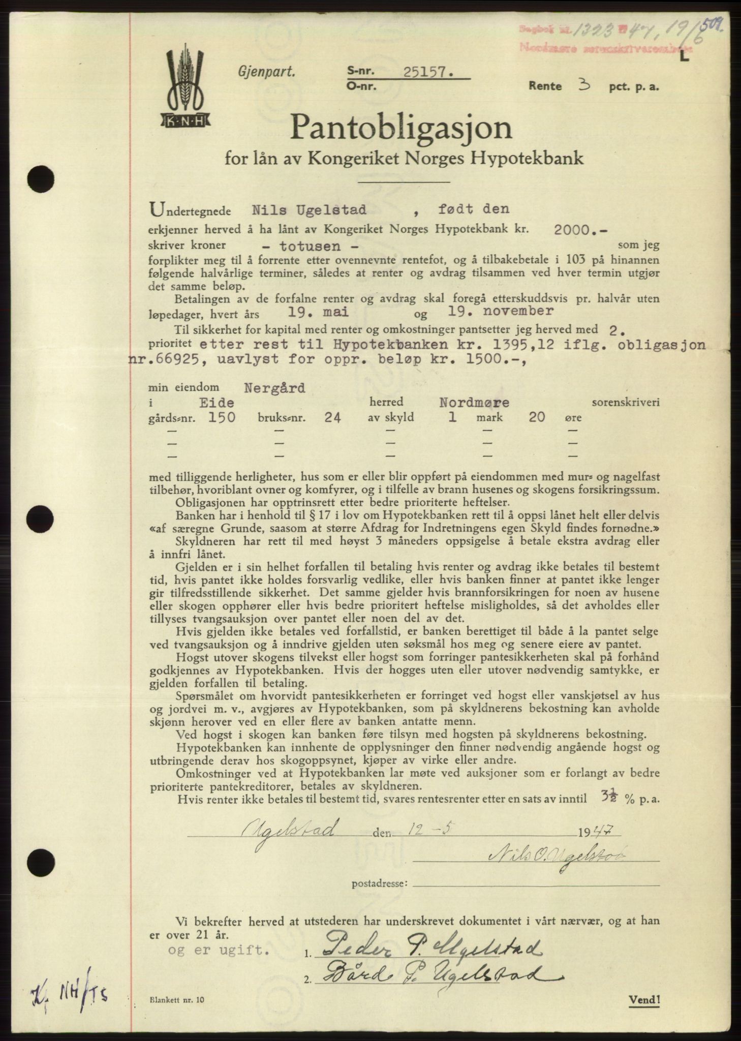 Nordmøre sorenskriveri, AV/SAT-A-4132/1/2/2Ca: Mortgage book no. B96, 1947-1947, Diary no: : 1323/1947