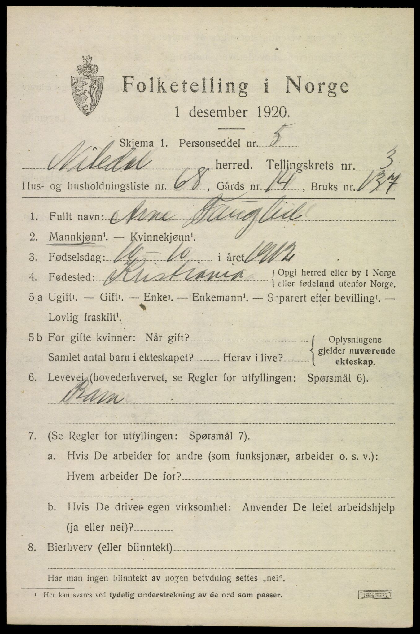 SAO, 1920 census for Nittedal, 1920, p. 4412