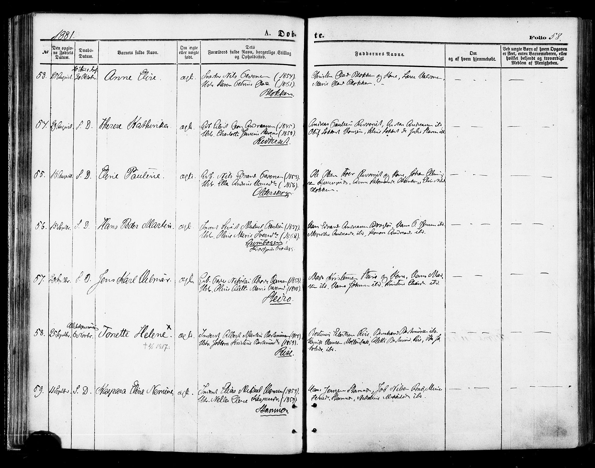 Ministerialprotokoller, klokkerbøker og fødselsregistre - Nordland, AV/SAT-A-1459/895/L1370: Parish register (official) no. 895A05, 1873-1884, p. 58