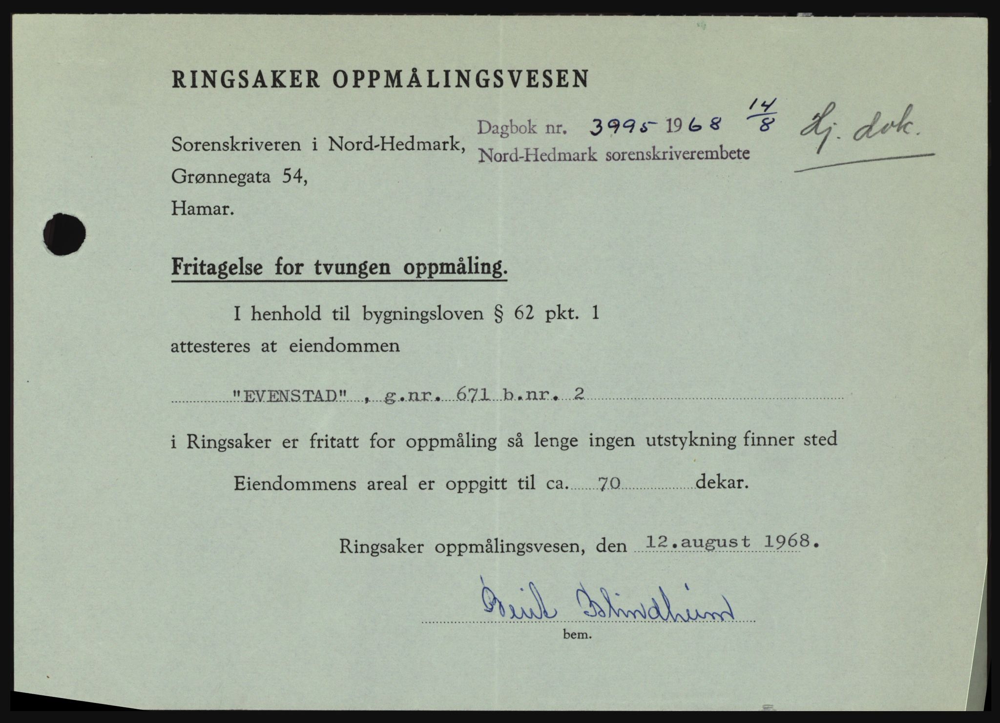 Nord-Hedmark sorenskriveri, SAH/TING-012/H/Hc/L0028: Mortgage book no. 28, 1968-1968, Diary no: : 3995/1968