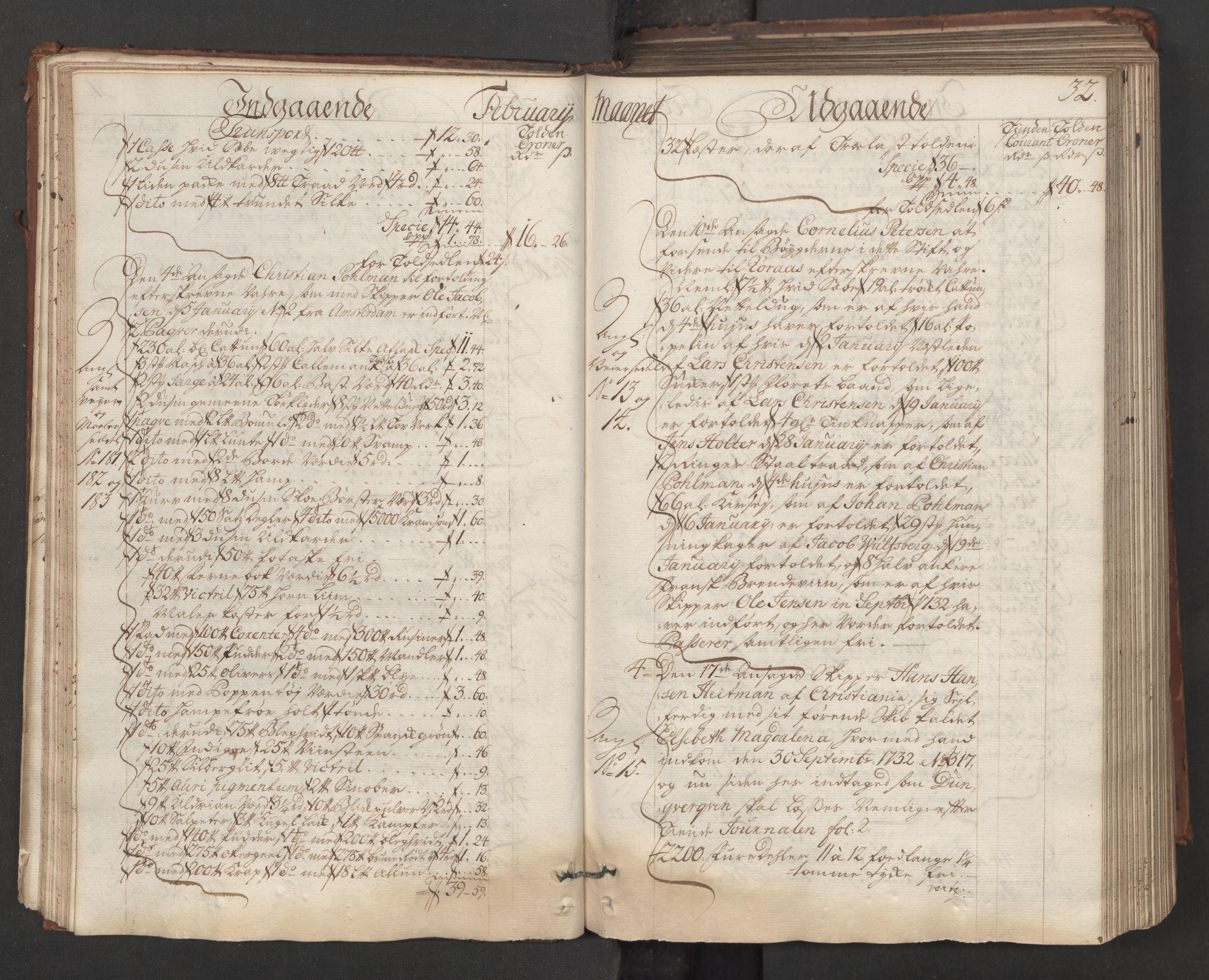 Generaltollkammeret, tollregnskaper, RA/EA-5490/R06/L0015/0001: Tollregnskaper Kristiania / Hovedtollbok, 1733, p. 31b-32a