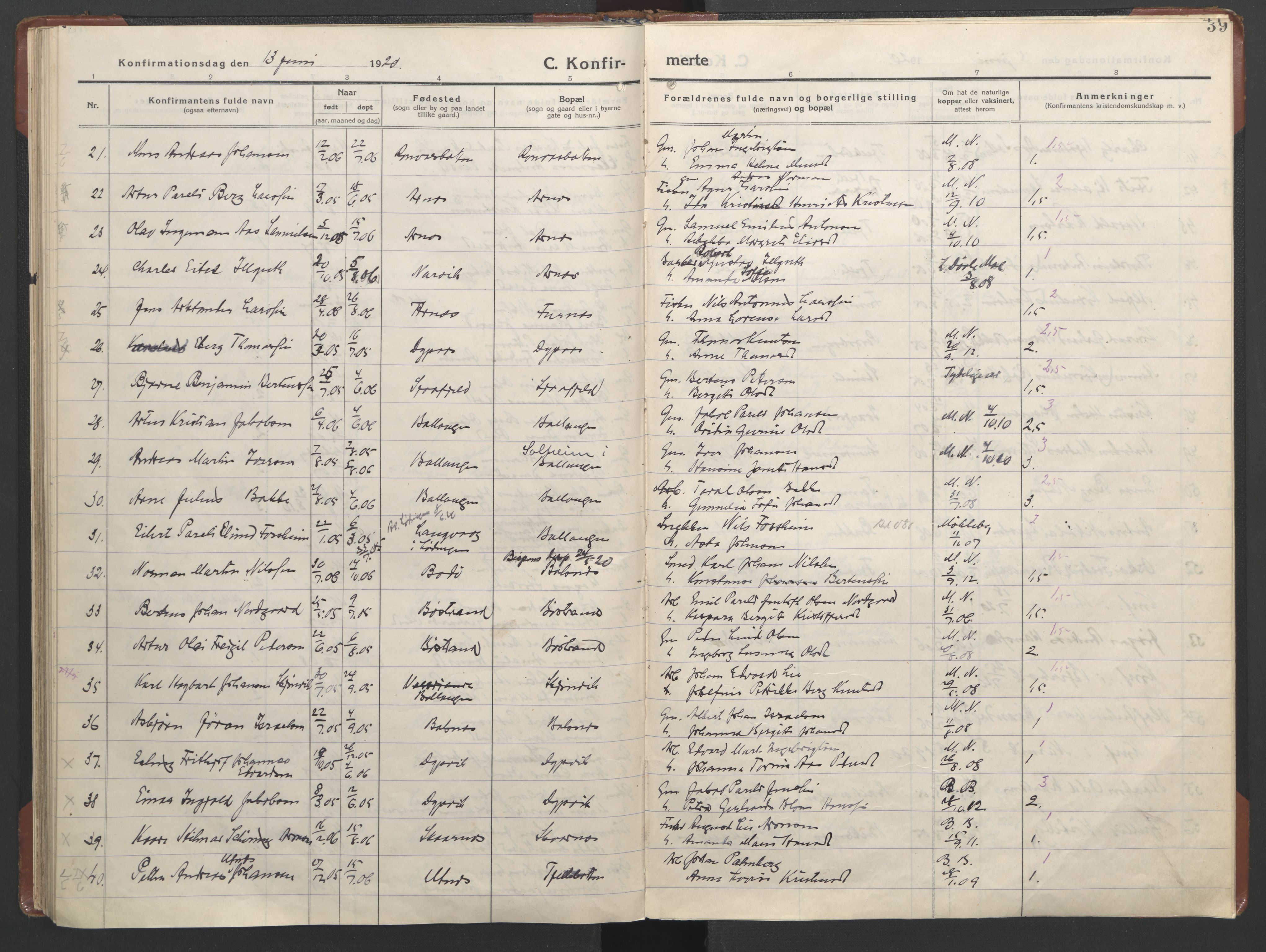 Ministerialprotokoller, klokkerbøker og fødselsregistre - Nordland, SAT/A-1459/863/L0918: Parish register (copy) no. 863C08, 1906-1921, p. 39