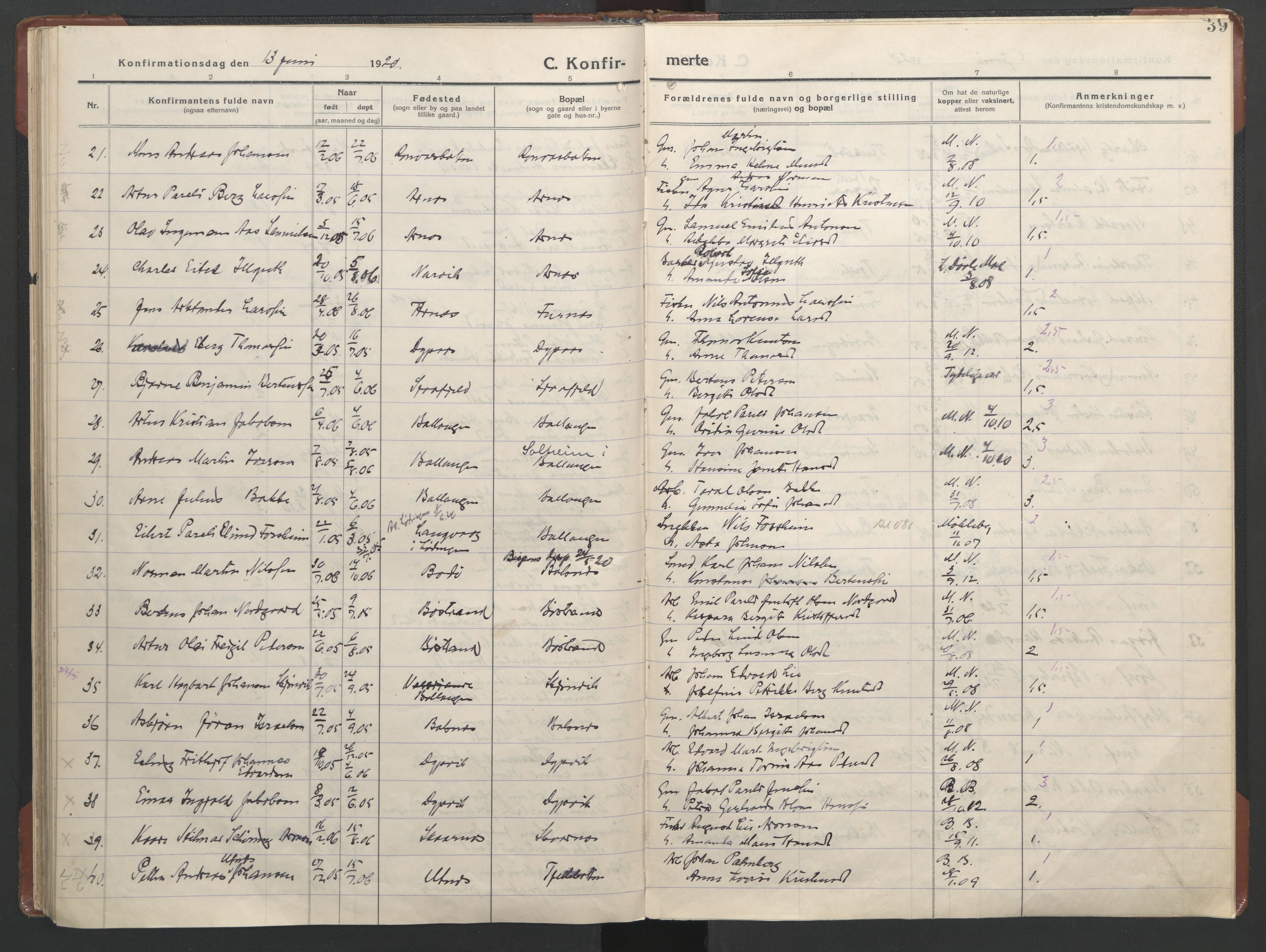 Ministerialprotokoller, klokkerbøker og fødselsregistre - Nordland, AV/SAT-A-1459/863/L0918: Parish register (copy) no. 863C08, 1906-1921, p. 39