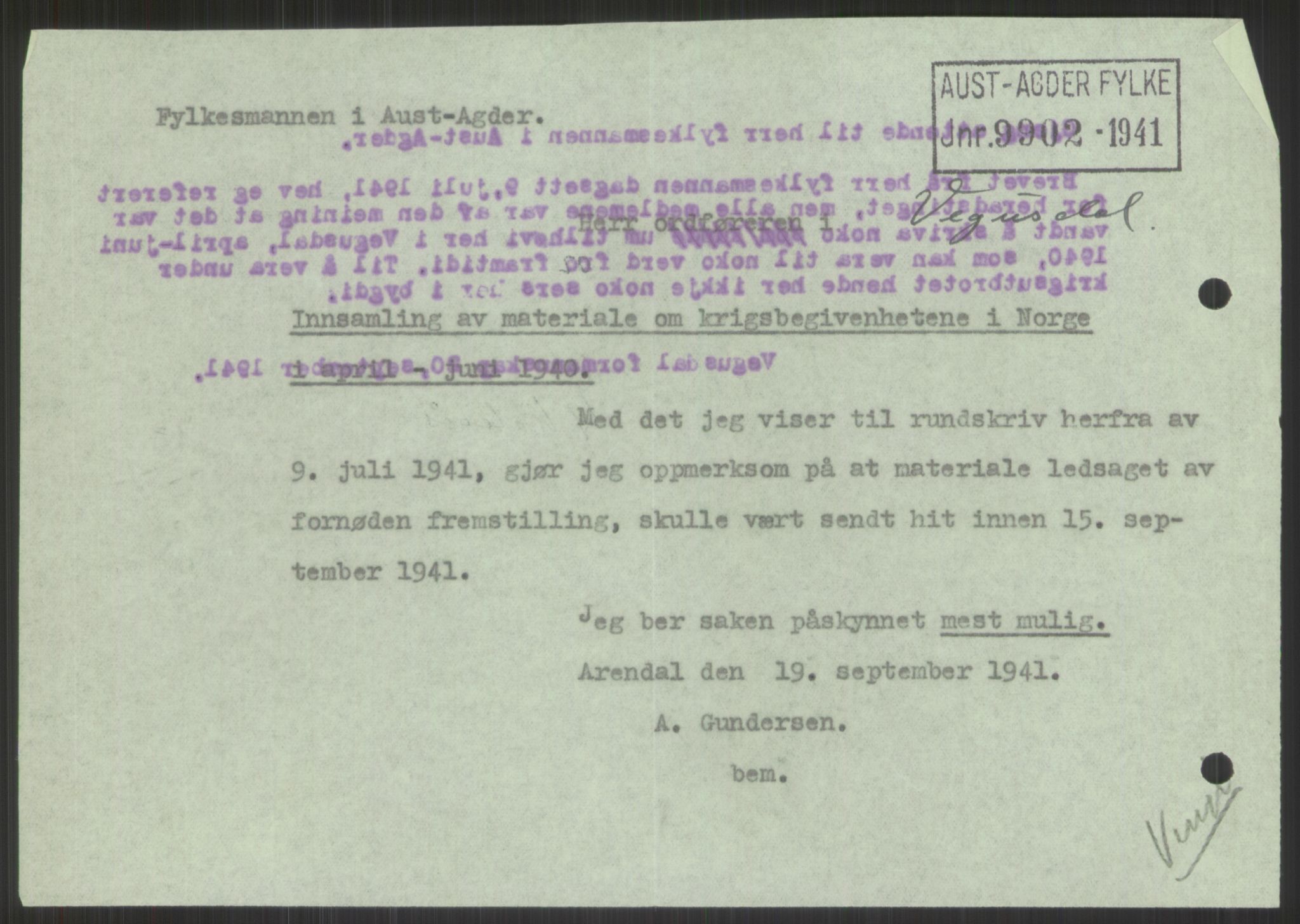 Forsvaret, Forsvarets krigshistoriske avdeling, AV/RA-RAFA-2017/Y/Ya/L0014: II-C-11-31 - Fylkesmenn.  Rapporter om krigsbegivenhetene 1940., 1940, p. 800