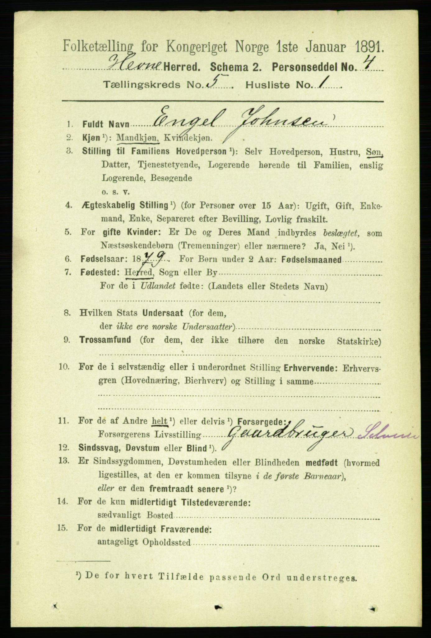 RA, 1891 census for 1612 Hemne, 1891, p. 2483