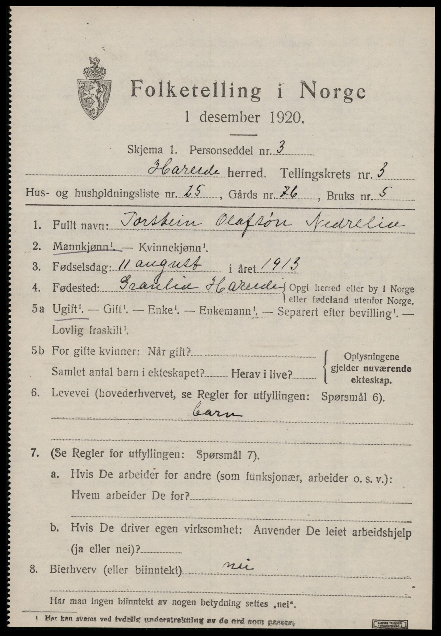 SAT, 1920 census for Hareid, 1920, p. 1673