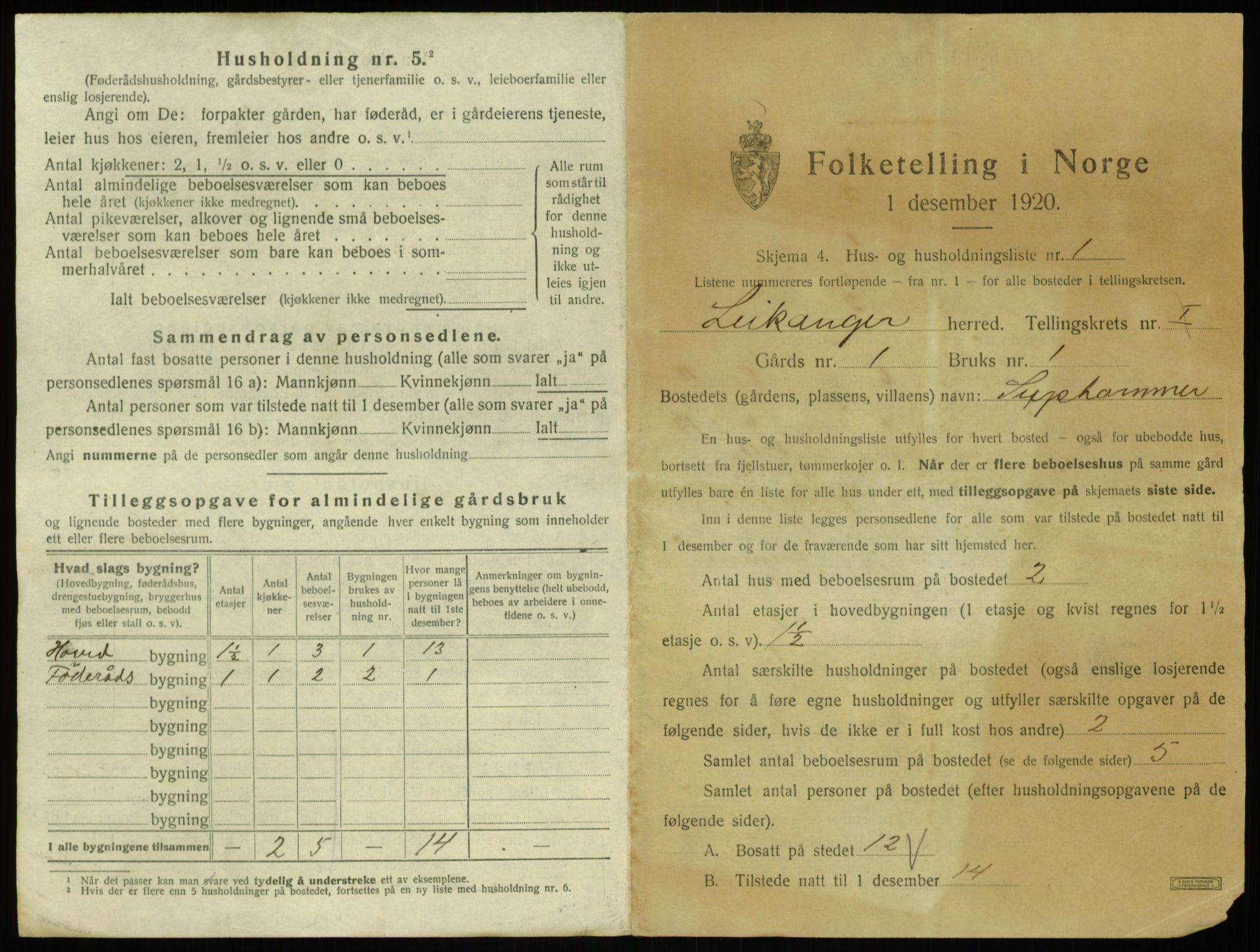 SAB, 1920 census for Leikanger, 1920, p. 36