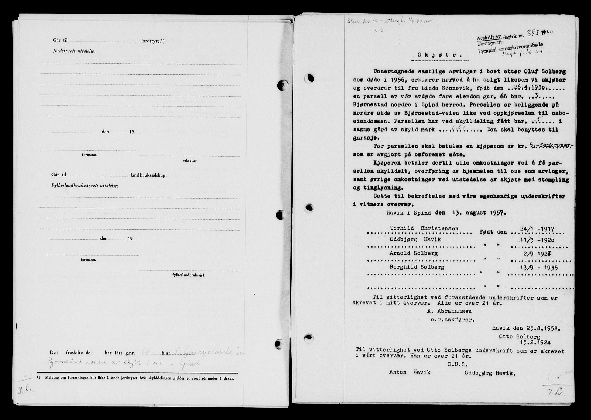 Lyngdal sorenskriveri, AV/SAK-1221-0004/G/Gb/L0679: Mortgage book no. A XXV, 1959-1960, Diary no: : 395/1960