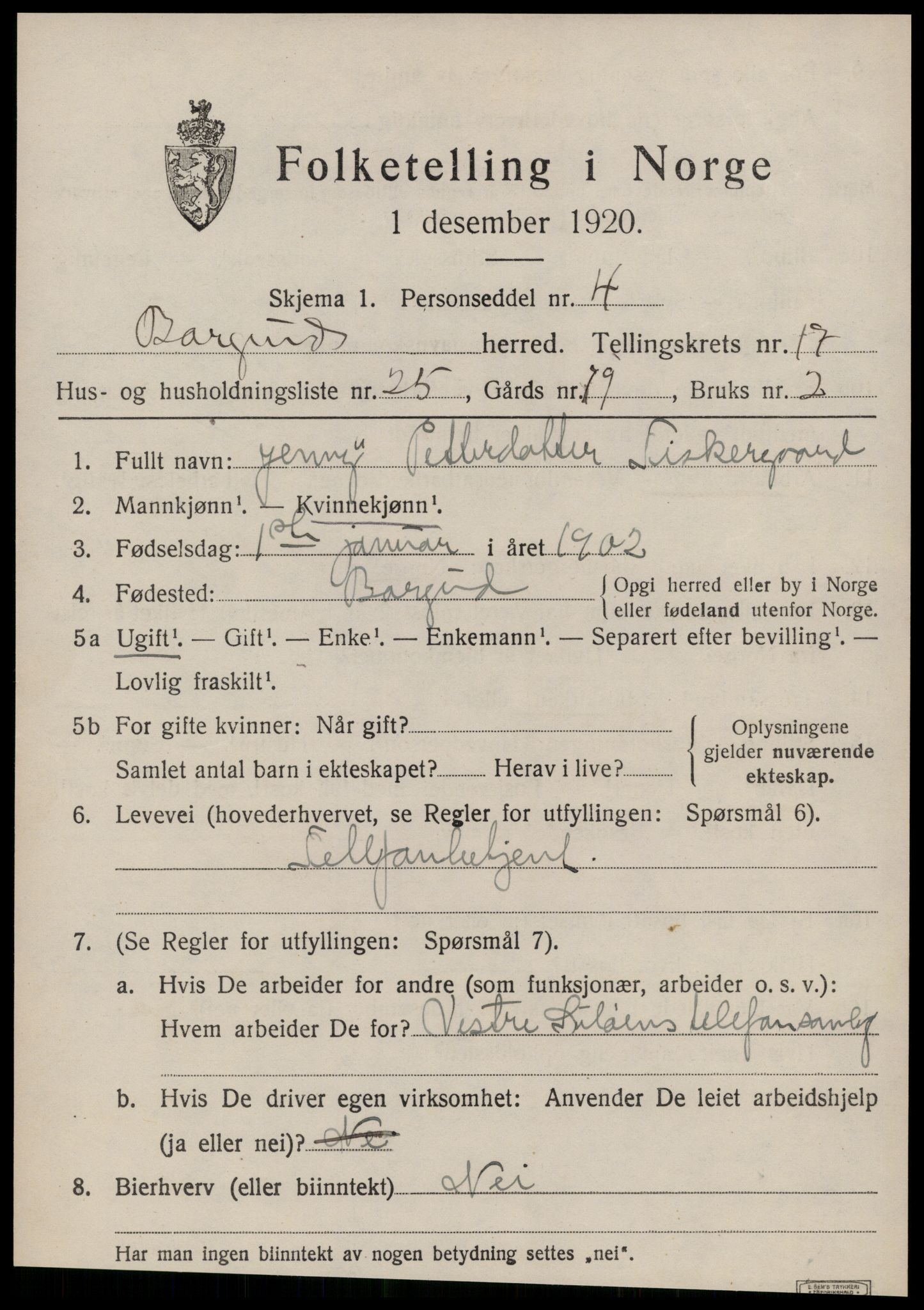 SAT, 1920 census for Borgund, 1920, p. 12910