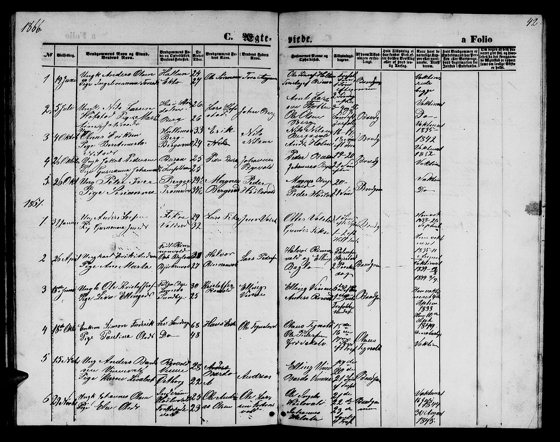 Ministerialprotokoller, klokkerbøker og fødselsregistre - Nord-Trøndelag, SAT/A-1458/726/L0270: Parish register (copy) no. 726C01, 1858-1868, p. 42