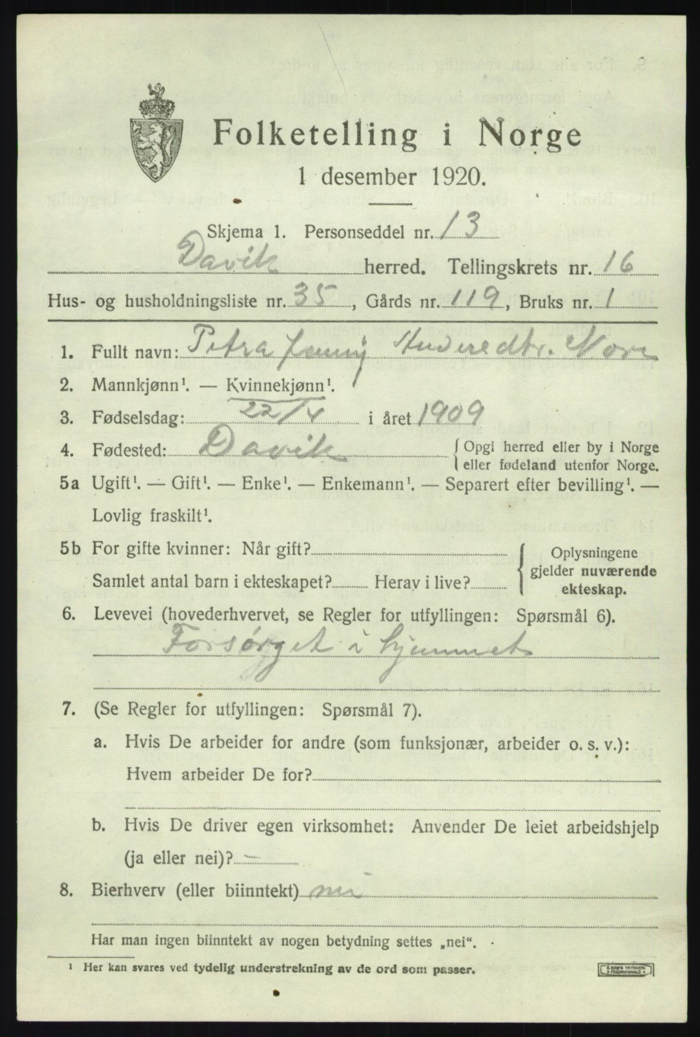 SAB, 1920 census for Davik, 1920, p. 7667