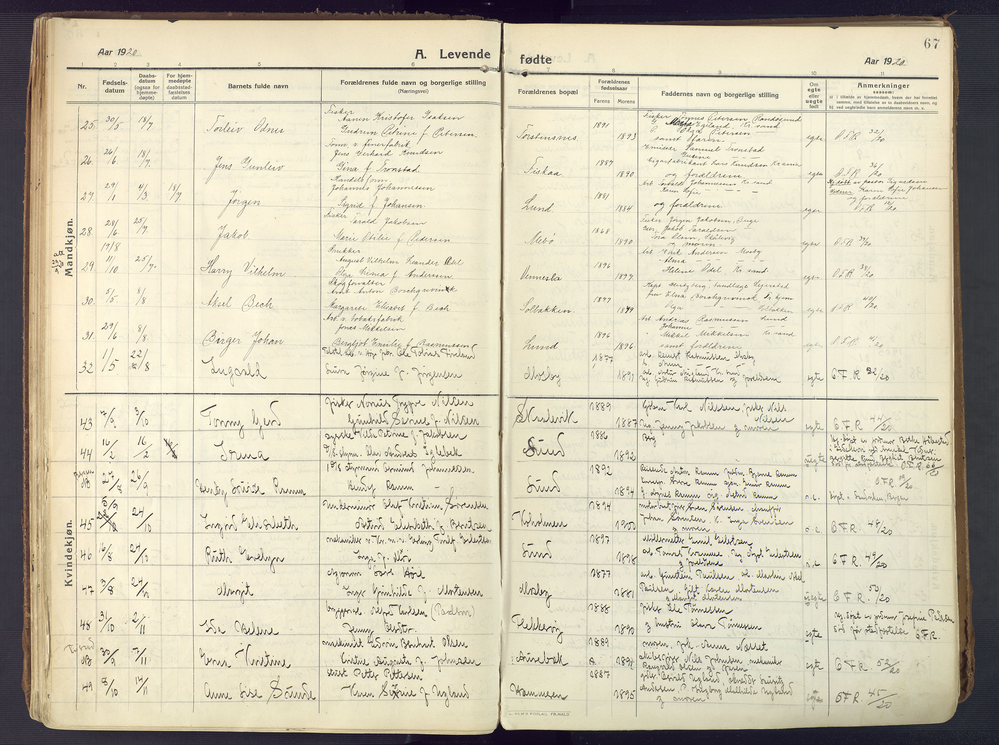 Oddernes sokneprestkontor, AV/SAK-1111-0033/F/Fa/Faa/L0012: Parish register (official) no. A 12, 1912-1925, p. 67