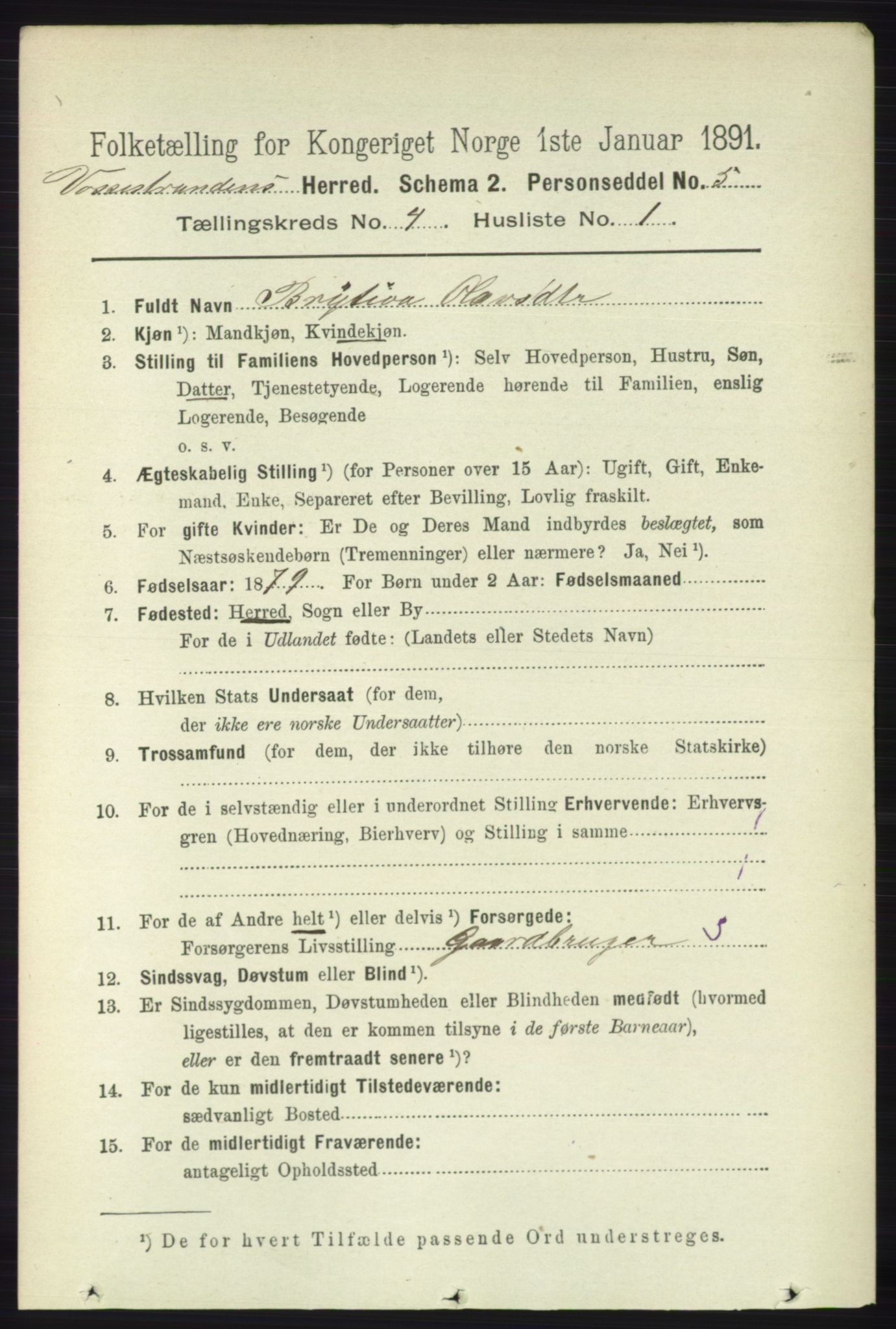 RA, 1891 census for 1236 Vossestrand, 1891, p. 1529