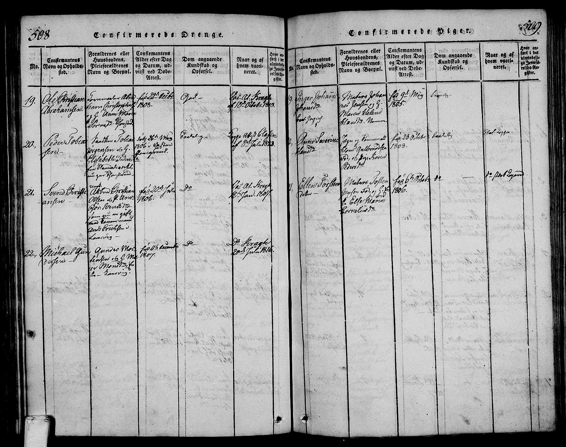 Larvik kirkebøker, AV/SAKO-A-352/F/Fa/L0001: Parish register (official) no. I 1, 1814-1825, p. 508-509