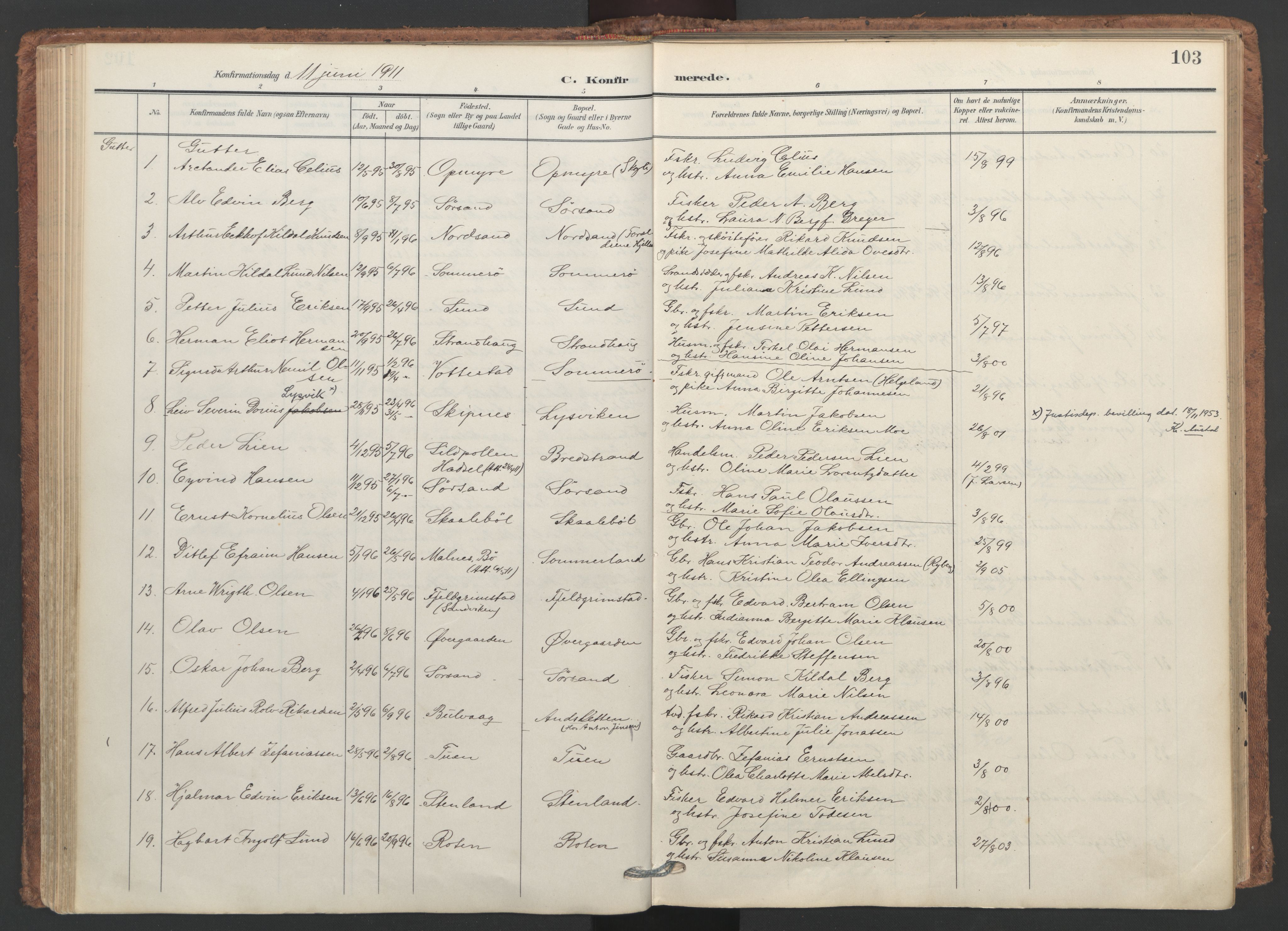 Ministerialprotokoller, klokkerbøker og fødselsregistre - Nordland, AV/SAT-A-1459/893/L1339: Parish register (official) no. 893A11, 1904-1914, p. 103