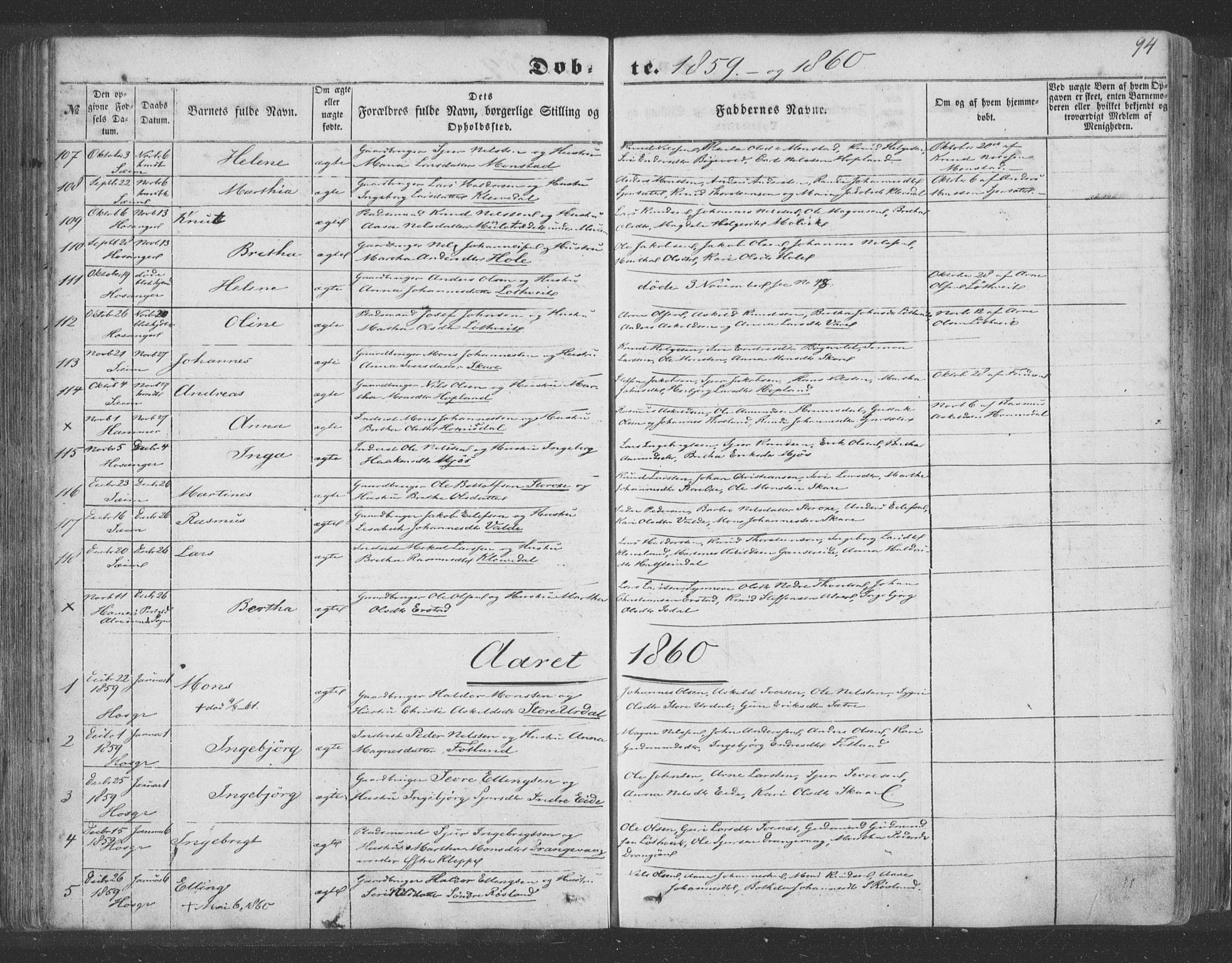 Hosanger sokneprestembete, SAB/A-75801/H/Haa: Parish register (official) no. A 8, 1849-1863, p. 94