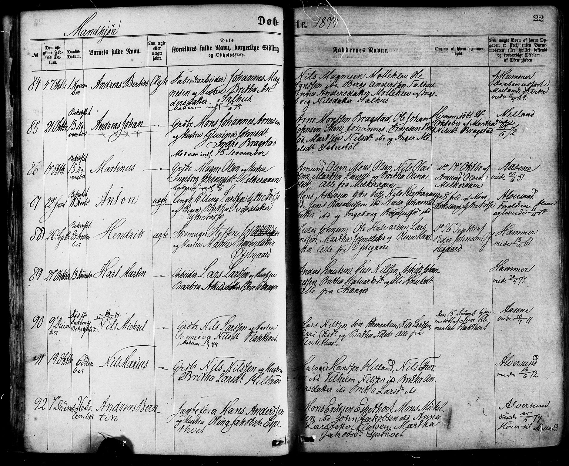 Hamre sokneprestembete, AV/SAB-A-75501/H/Ha/Haa/Haaa/L0015: Parish register (official) no. A 15, 1870-1881, p. 22