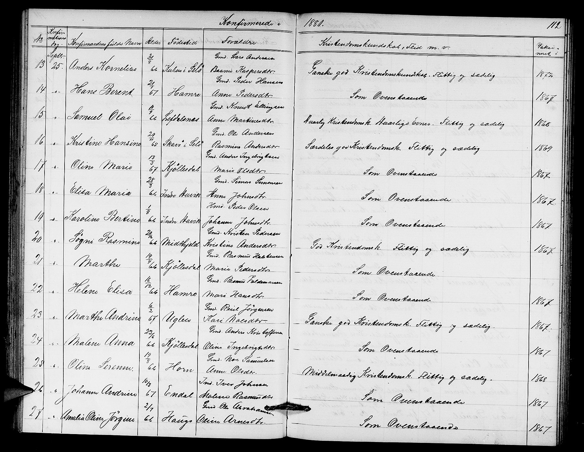 Davik sokneprestembete, AV/SAB-A-79701/H/Hab/Haba/L0001: Parish register (copy) no. A 1, 1866-1889, p. 112