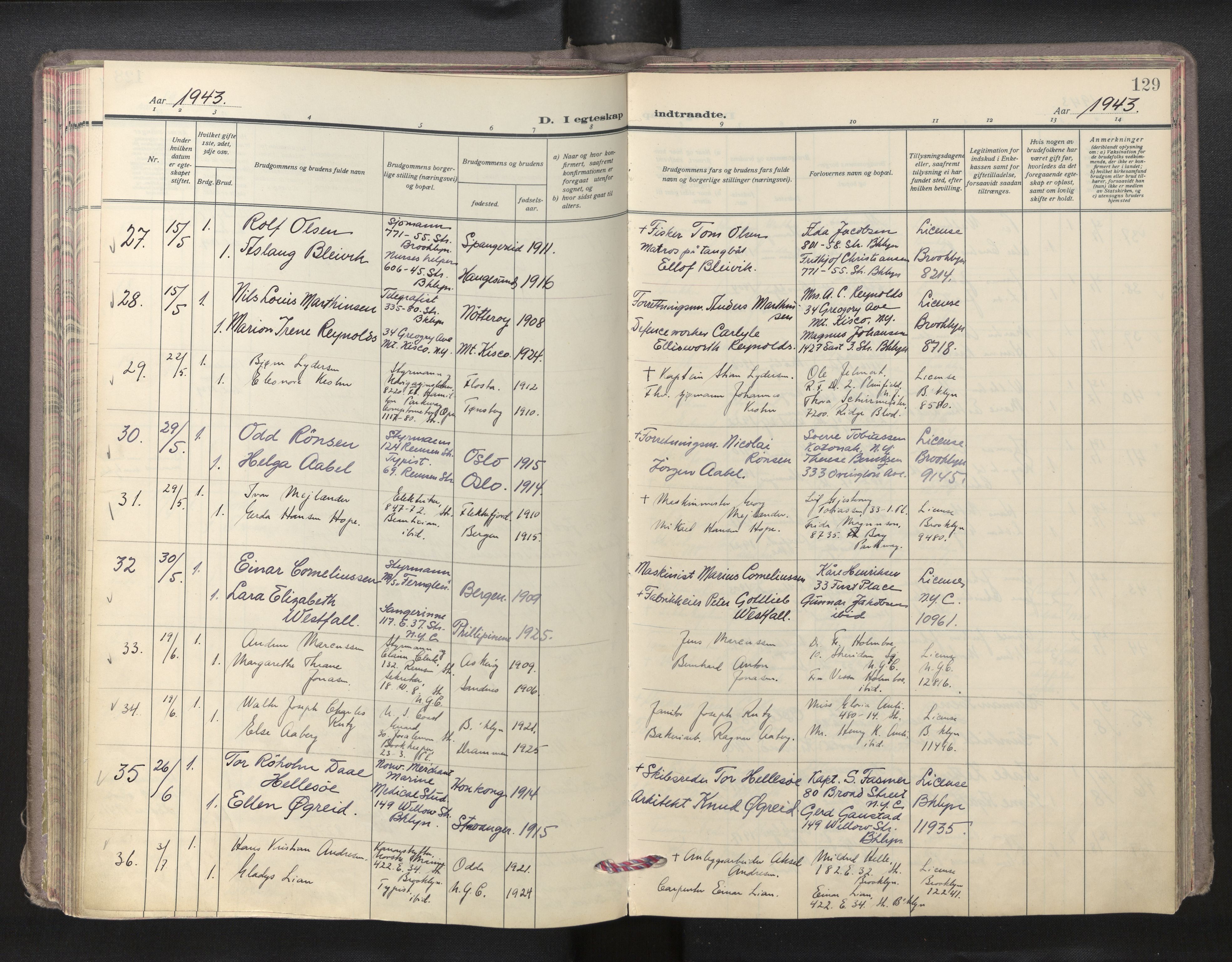 Den norske sjømannsmisjon i utlandet/New York, AV/SAB-SAB/PA-0110/H/Ha/L0009: Parish register (official) no. A 9, 1935-1945, p. 128b-129a