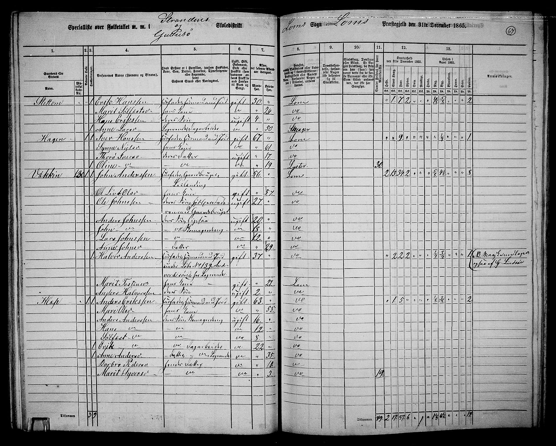 RA, 1865 census for Lom, 1865, p. 63