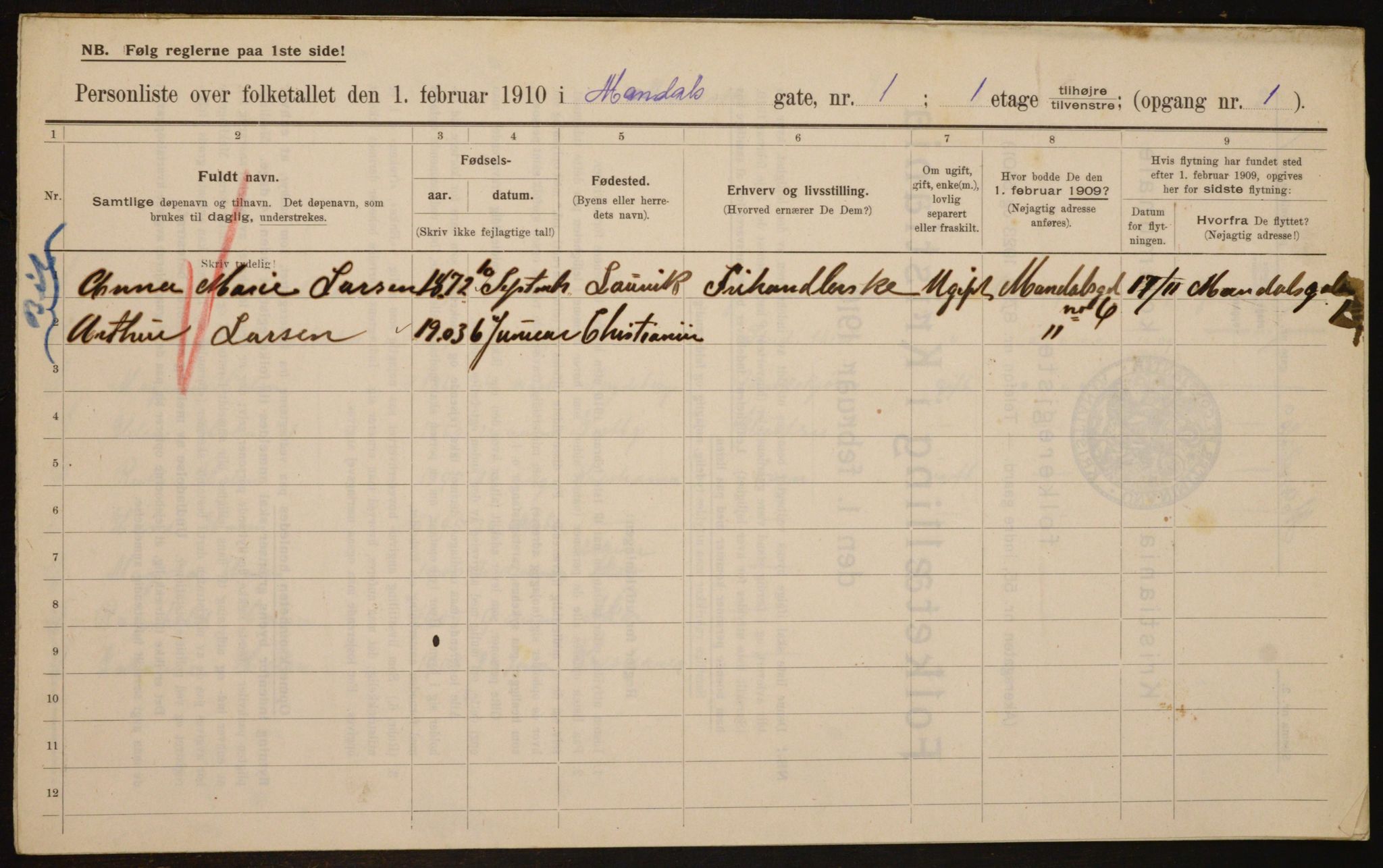 OBA, Municipal Census 1910 for Kristiania, 1910, p. 58080