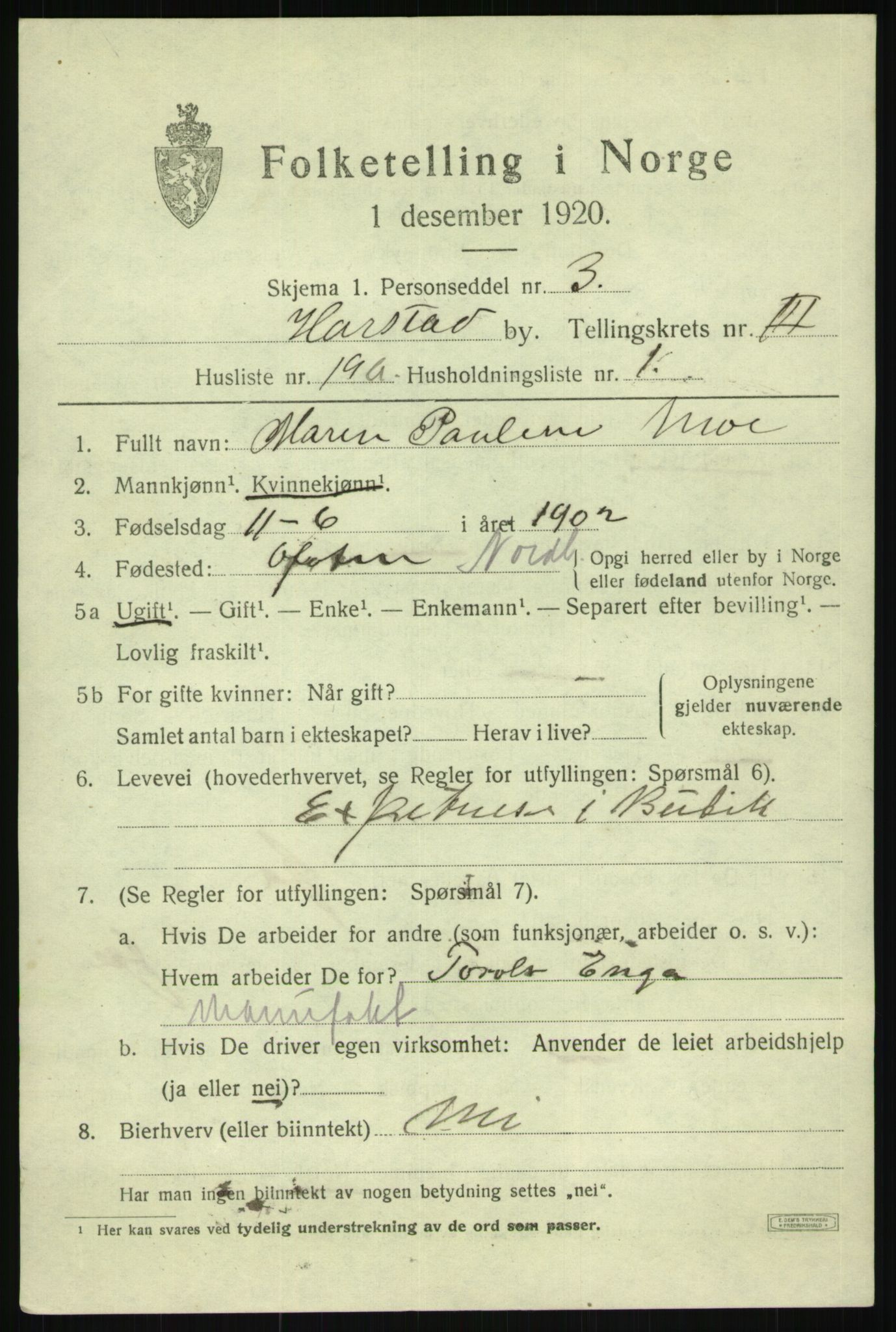 SATØ, 1920 census for Harstad, 1920, p. 4484