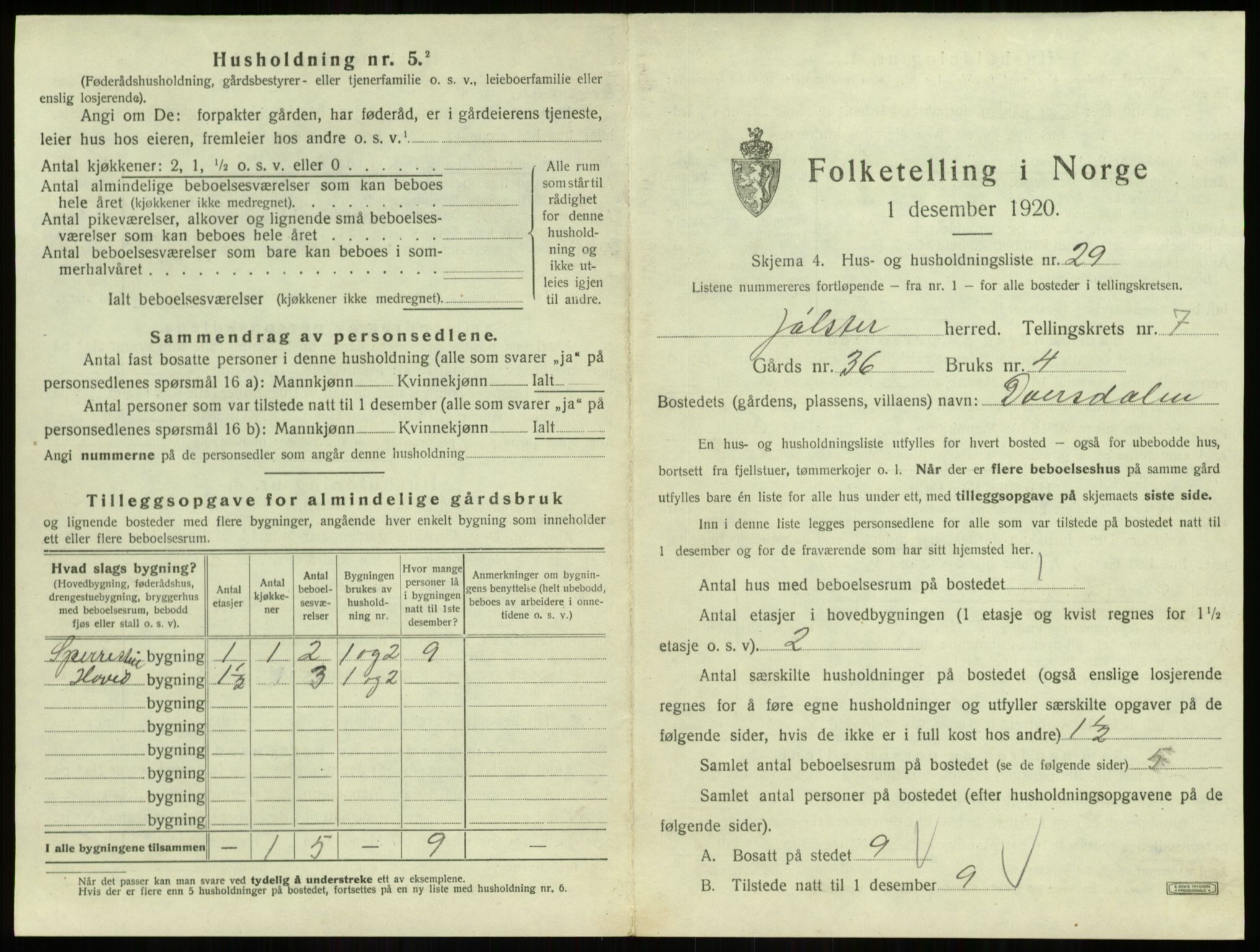 SAB, 1920 census for Jølster, 1920, p. 497