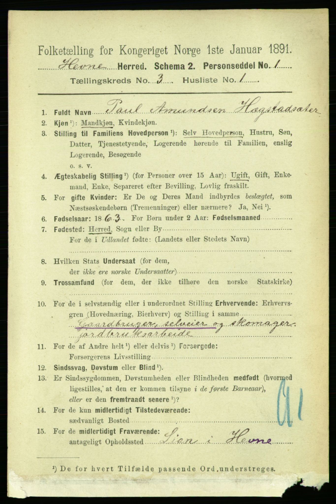 RA, 1891 census for 1612 Hemne, 1891, p. 1377