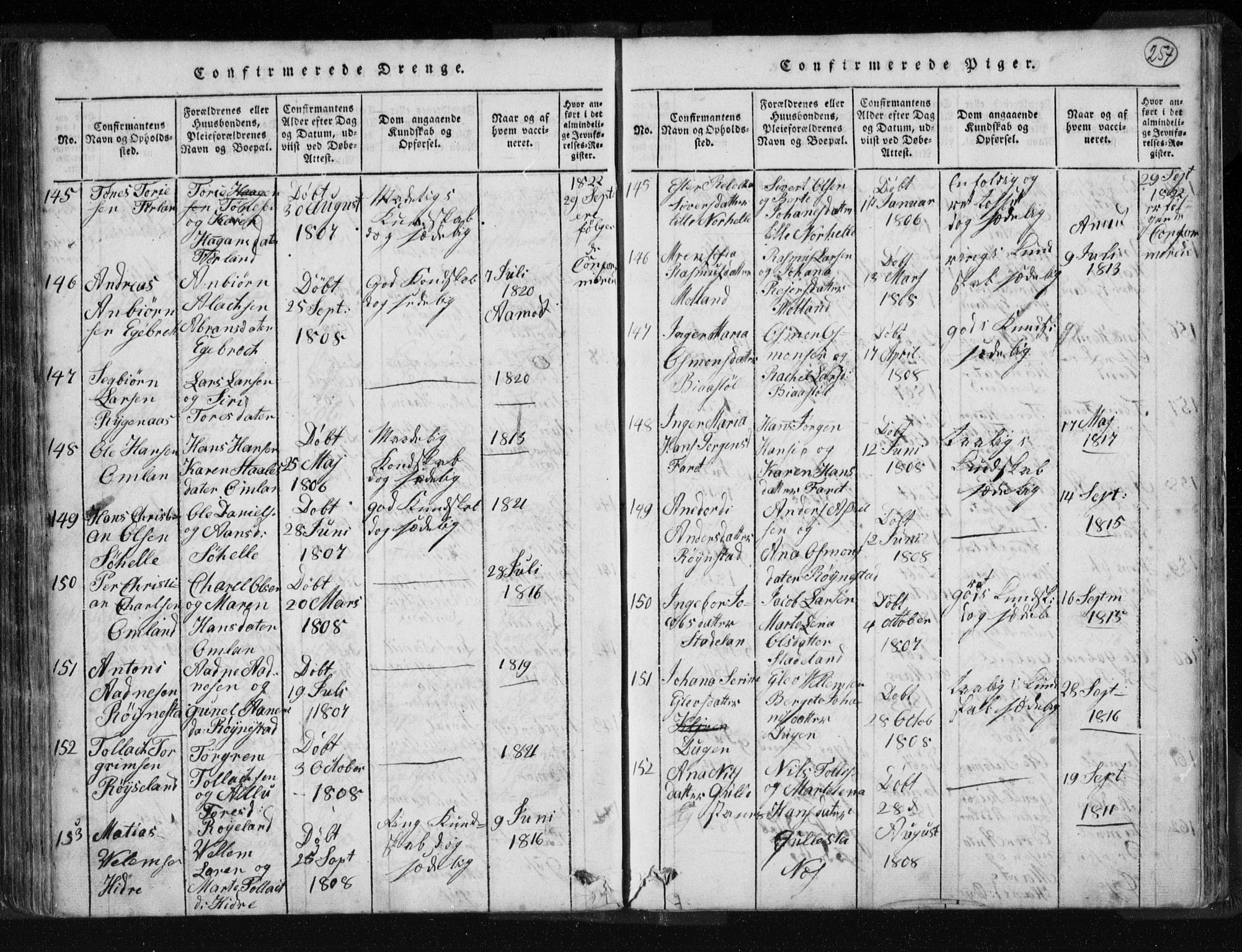 Kvinesdal sokneprestkontor, AV/SAK-1111-0026/F/Fa/Fab/L0003: Parish register (official) no. A 3, 1815-1829, p. 257