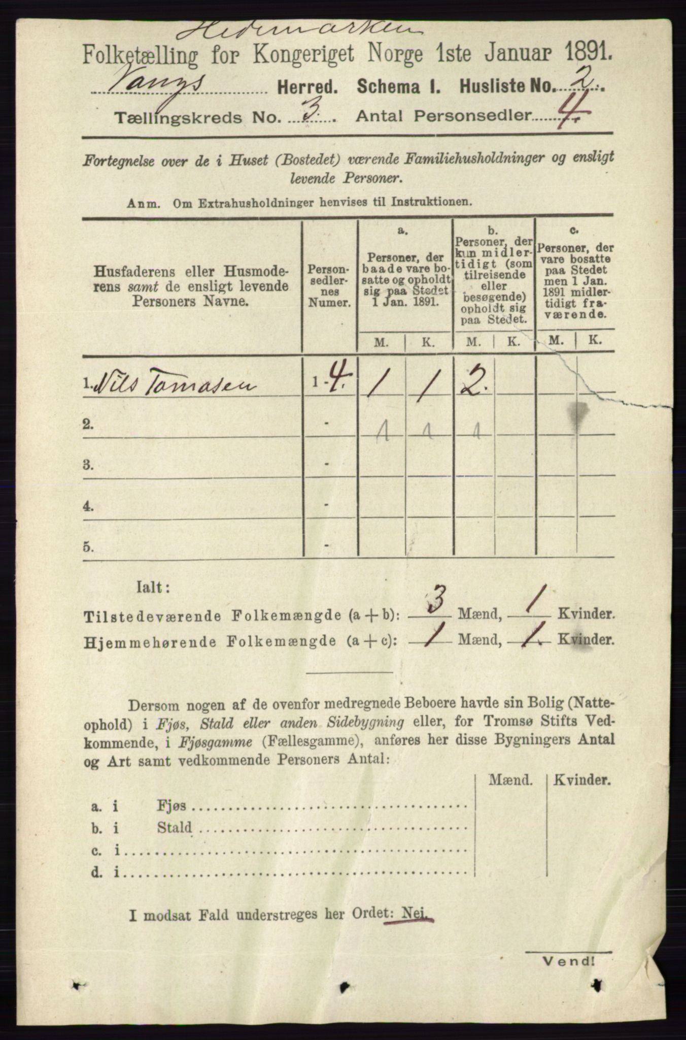 RA, 1891 census for 0414 Vang, 1891, p. 1751