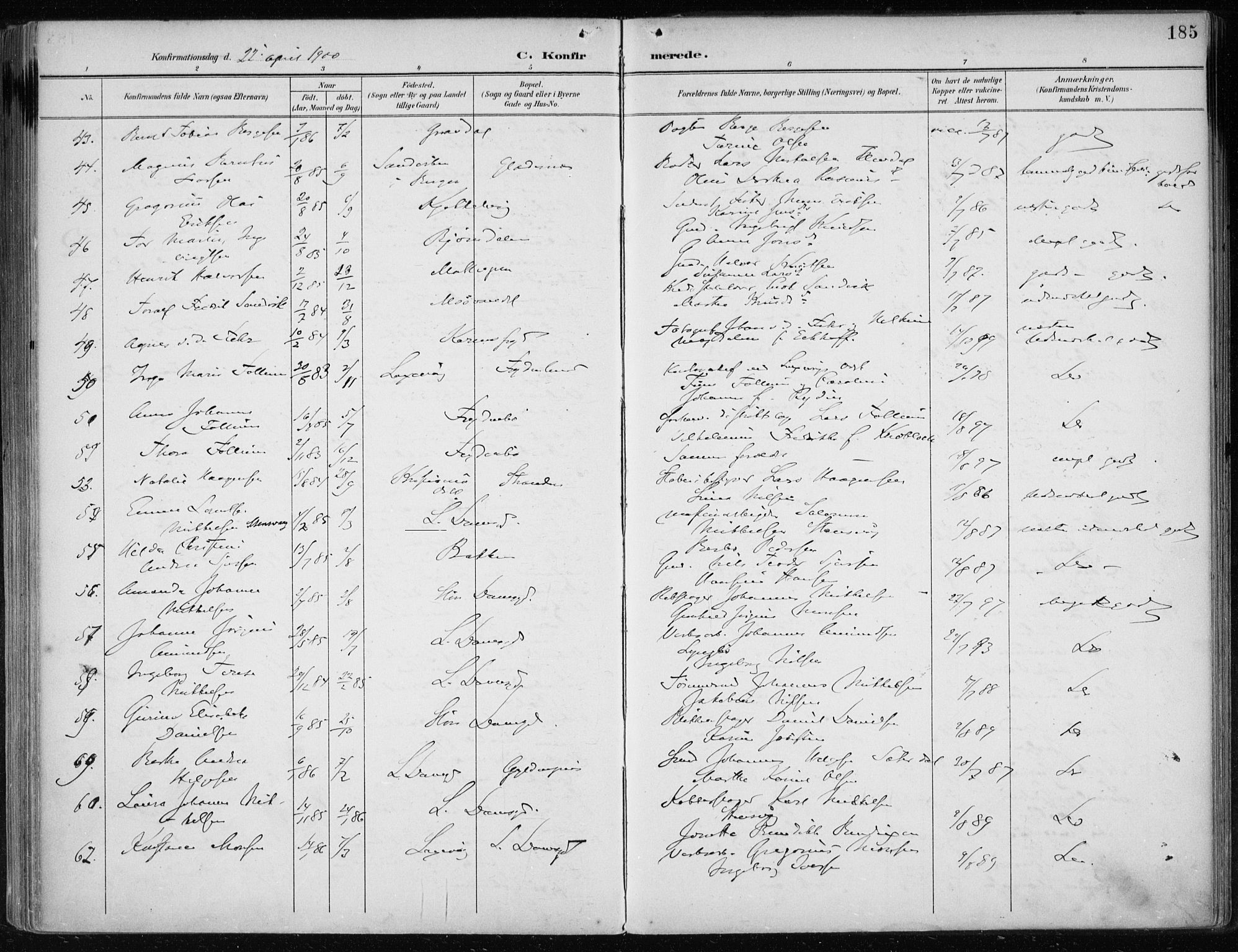 Askøy Sokneprestembete, AV/SAB-A-74101/H/Ha/Haa/Haae/L0003: Parish register (official) no. E 3, 1891-1903, p. 185