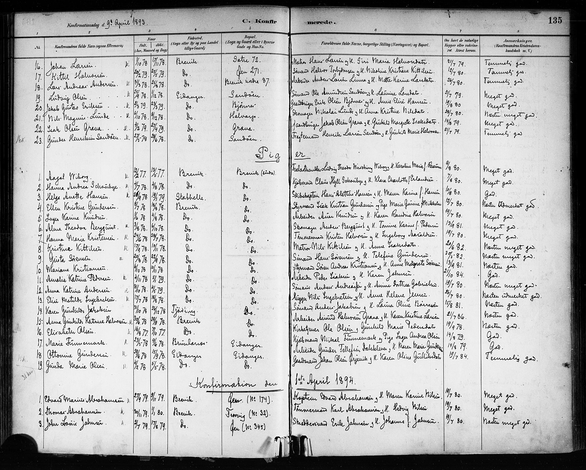 Brevik kirkebøker, SAKO/A-255/F/Fa/L0007: Parish register (official) no. 7, 1882-1900, p. 135
