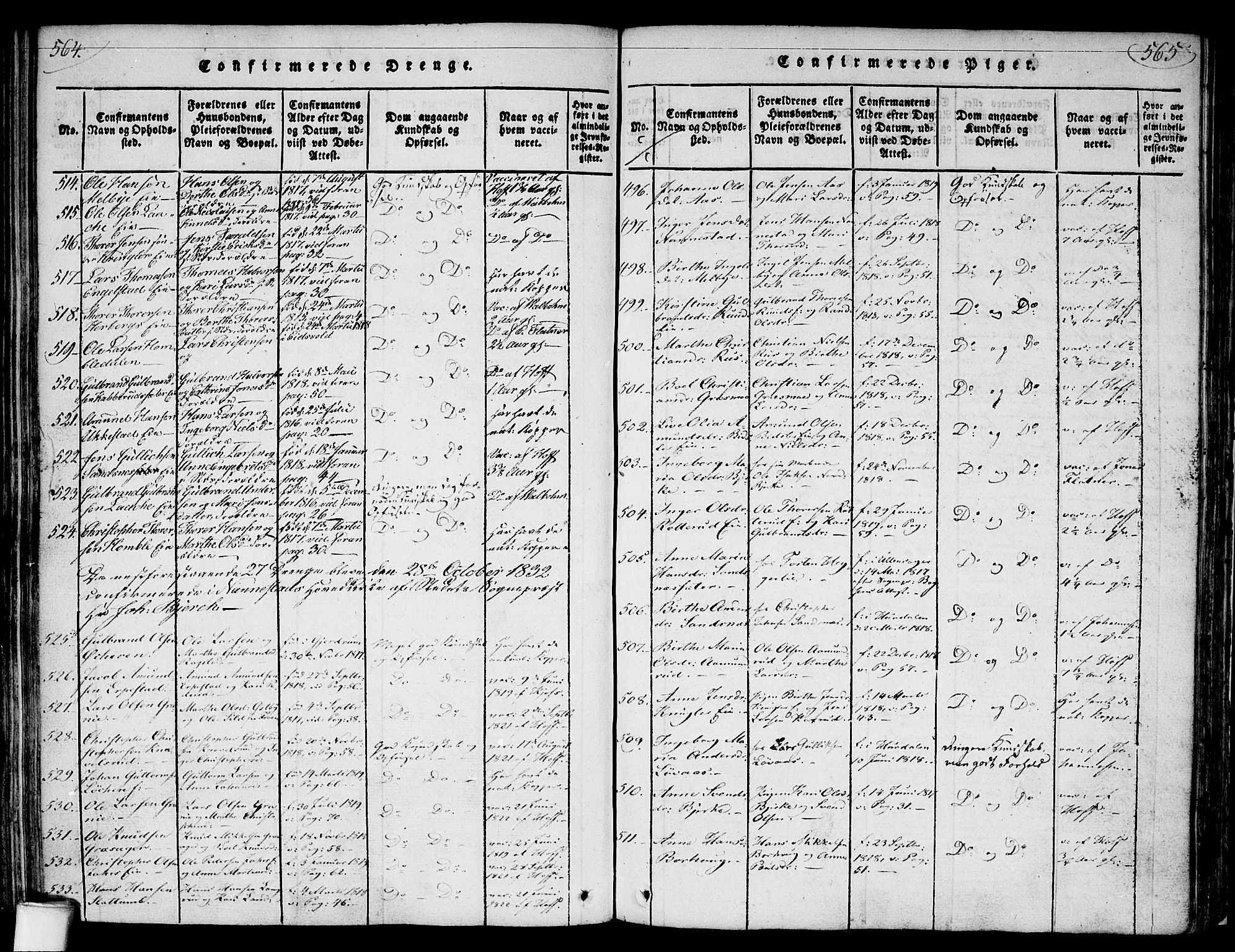 Nannestad prestekontor Kirkebøker, AV/SAO-A-10414a/F/Fa/L0009: Parish register (official) no. I 9, 1815-1840, p. 564-565