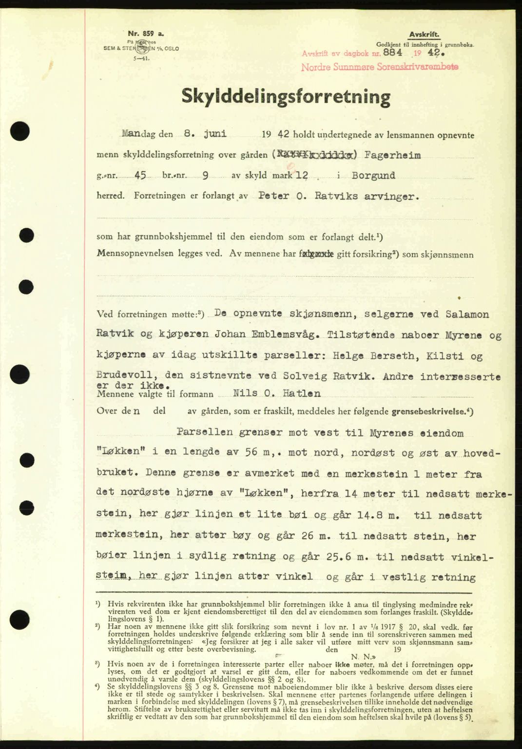 Nordre Sunnmøre sorenskriveri, AV/SAT-A-0006/1/2/2C/2Ca: Mortgage book no. A13, 1942-1942, Diary no: : 884/1942