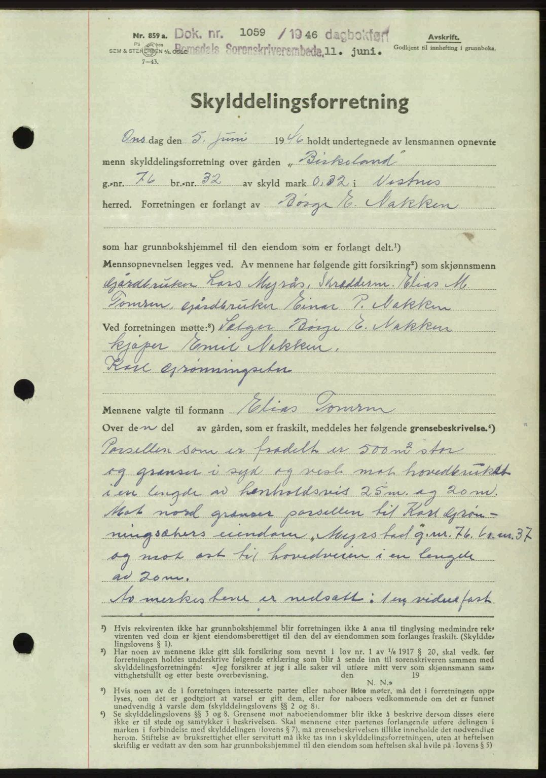 Romsdal sorenskriveri, AV/SAT-A-4149/1/2/2C: Mortgage book no. A20, 1946-1946, Diary no: : 1059/1946