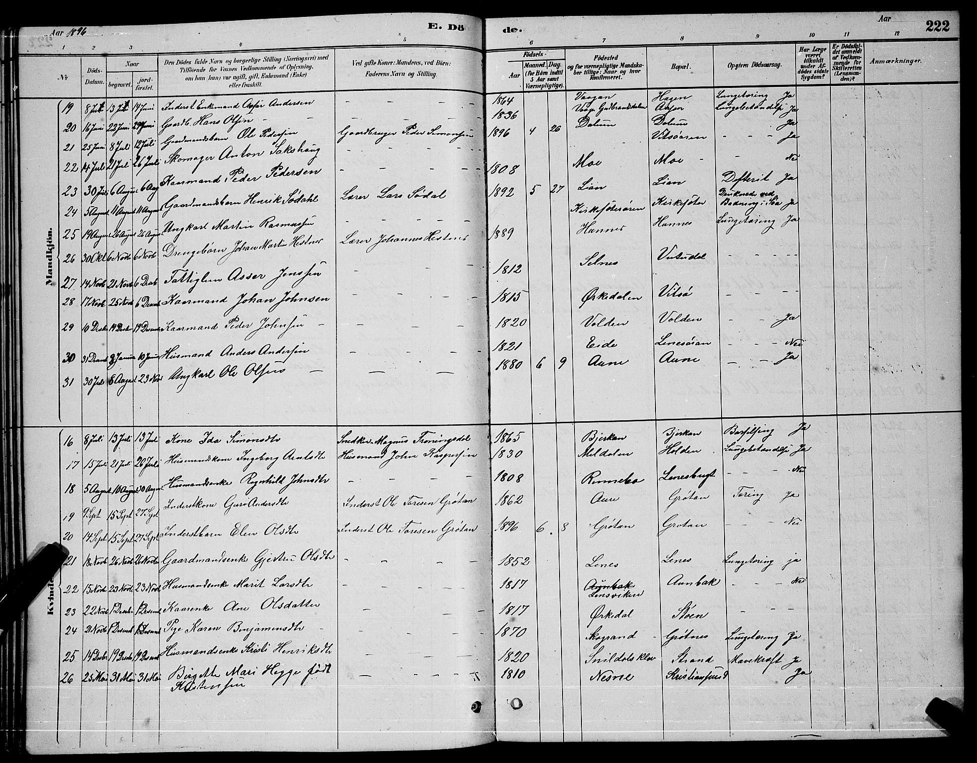 Ministerialprotokoller, klokkerbøker og fødselsregistre - Sør-Trøndelag, SAT/A-1456/630/L0504: Parish register (copy) no. 630C02, 1879-1898, p. 222