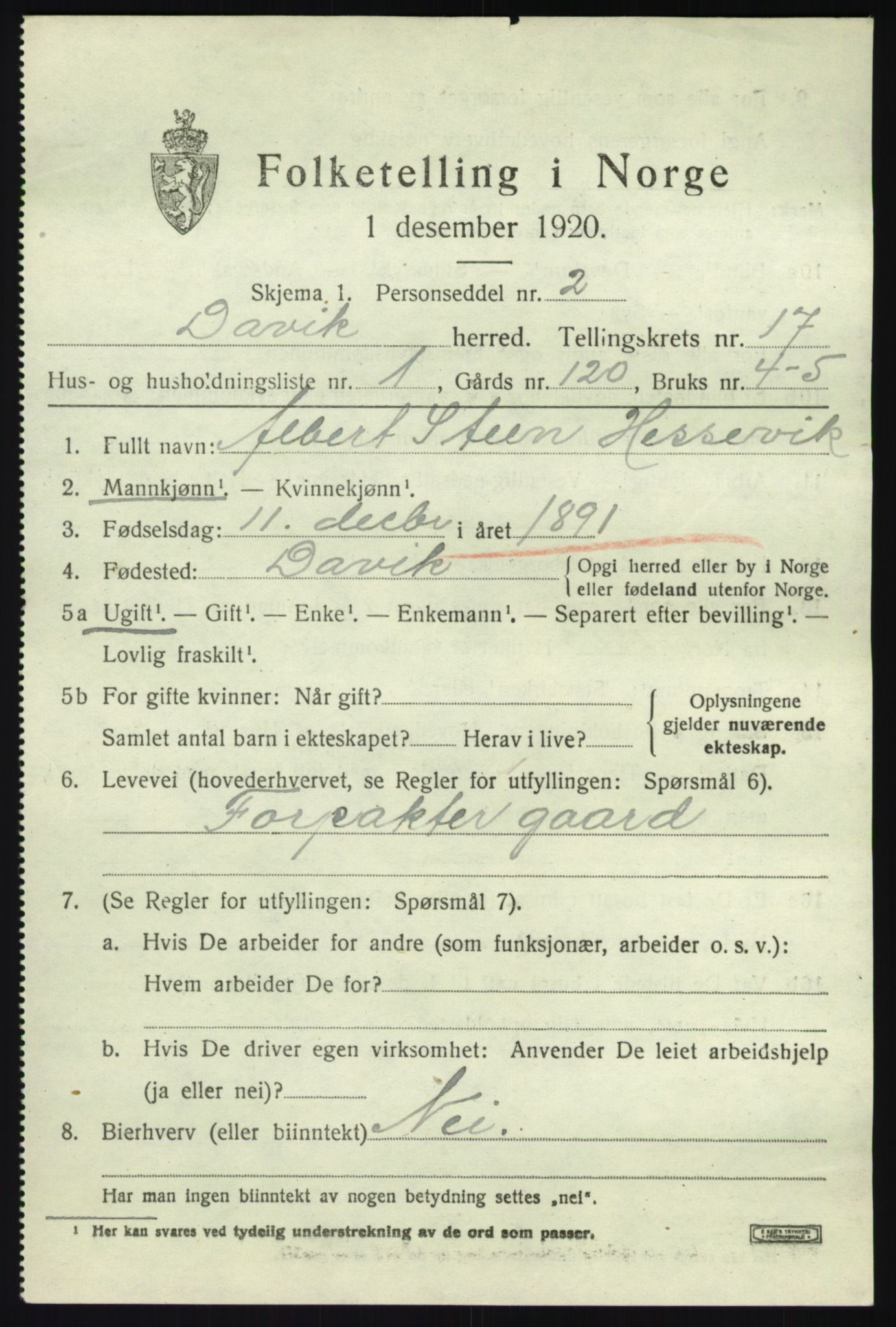 SAB, 1920 census for Davik, 1920, p. 7681