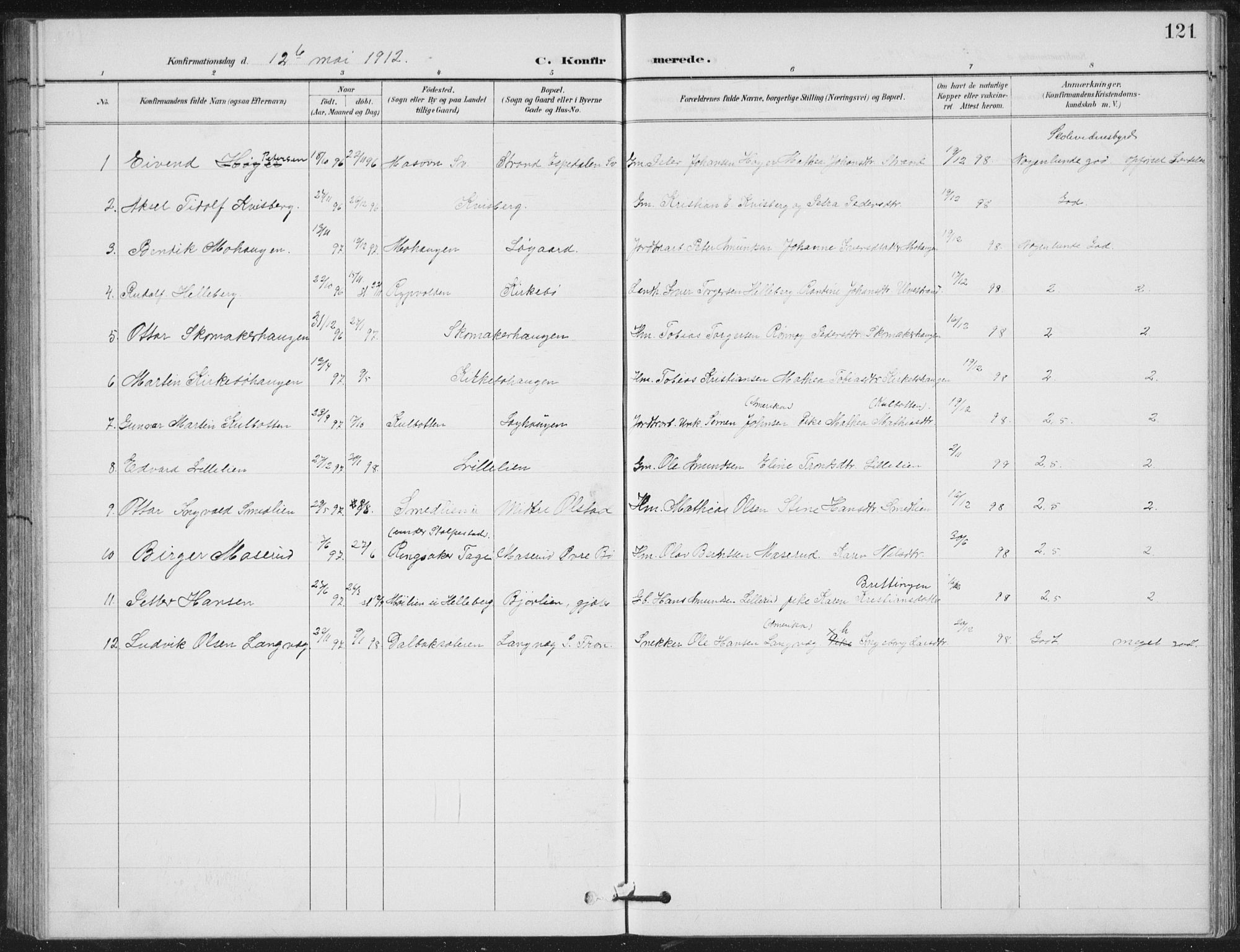 Vestre Gausdal prestekontor, SAH/PREST-094/H/Ha/Hab/L0004: Parish register (copy) no. 4, 1898-1939, p. 121