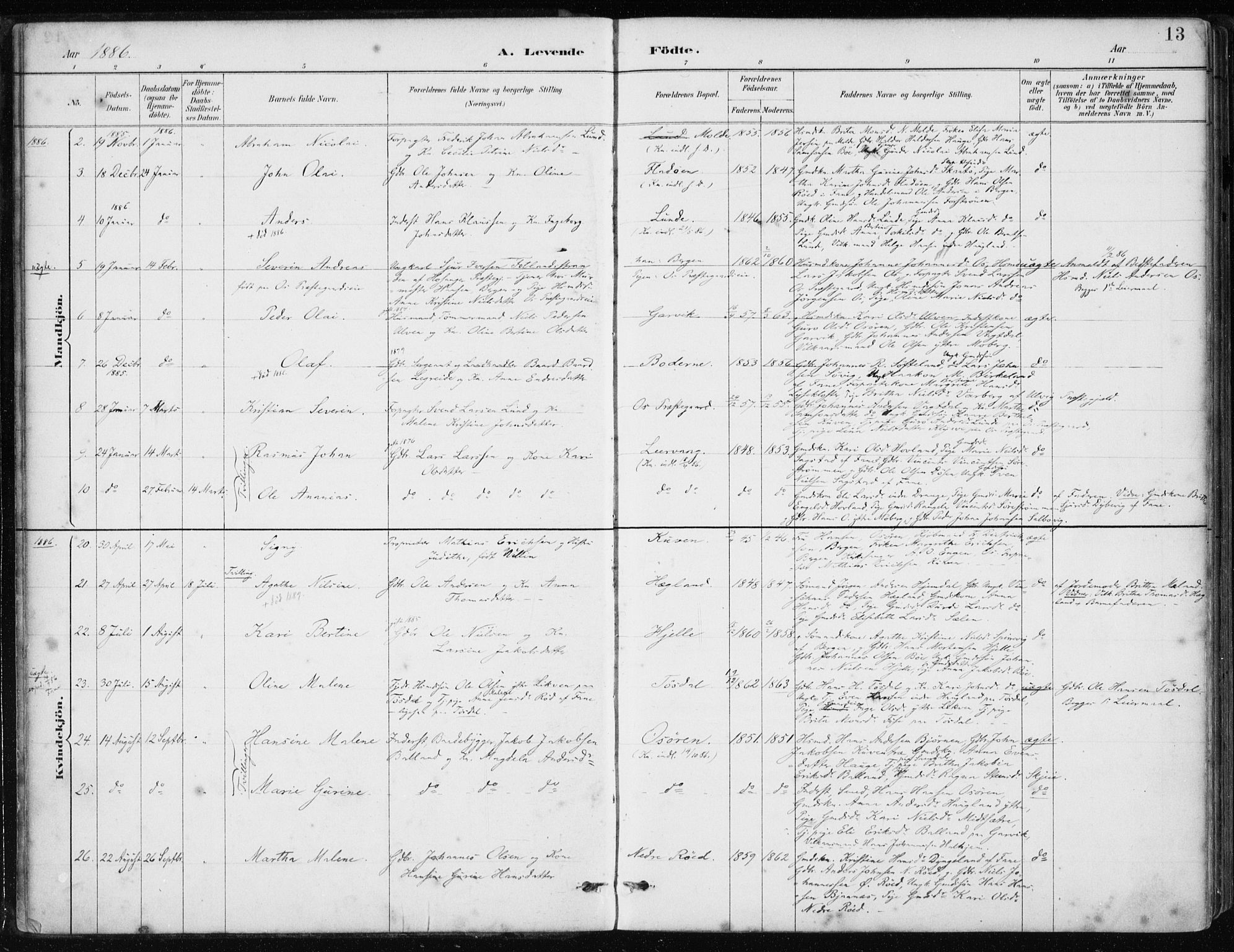 Os sokneprestembete, SAB/A-99929: Parish register (official) no. B 1, 1885-1902, p. 13