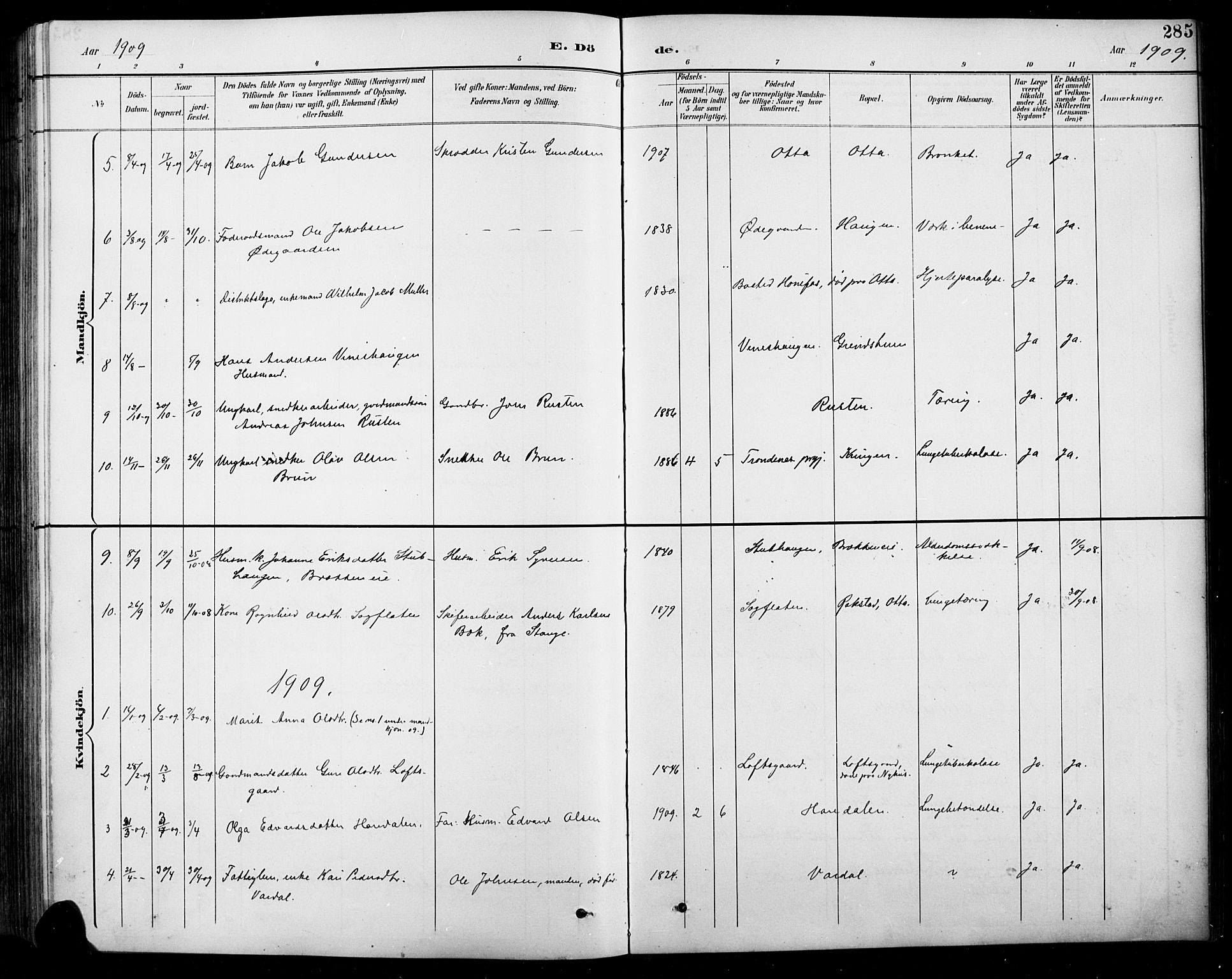 Sel prestekontor, SAH/PREST-074/H/Ha/Hab/L0001: Parish register (copy) no. 1, 1894-1923, p. 285