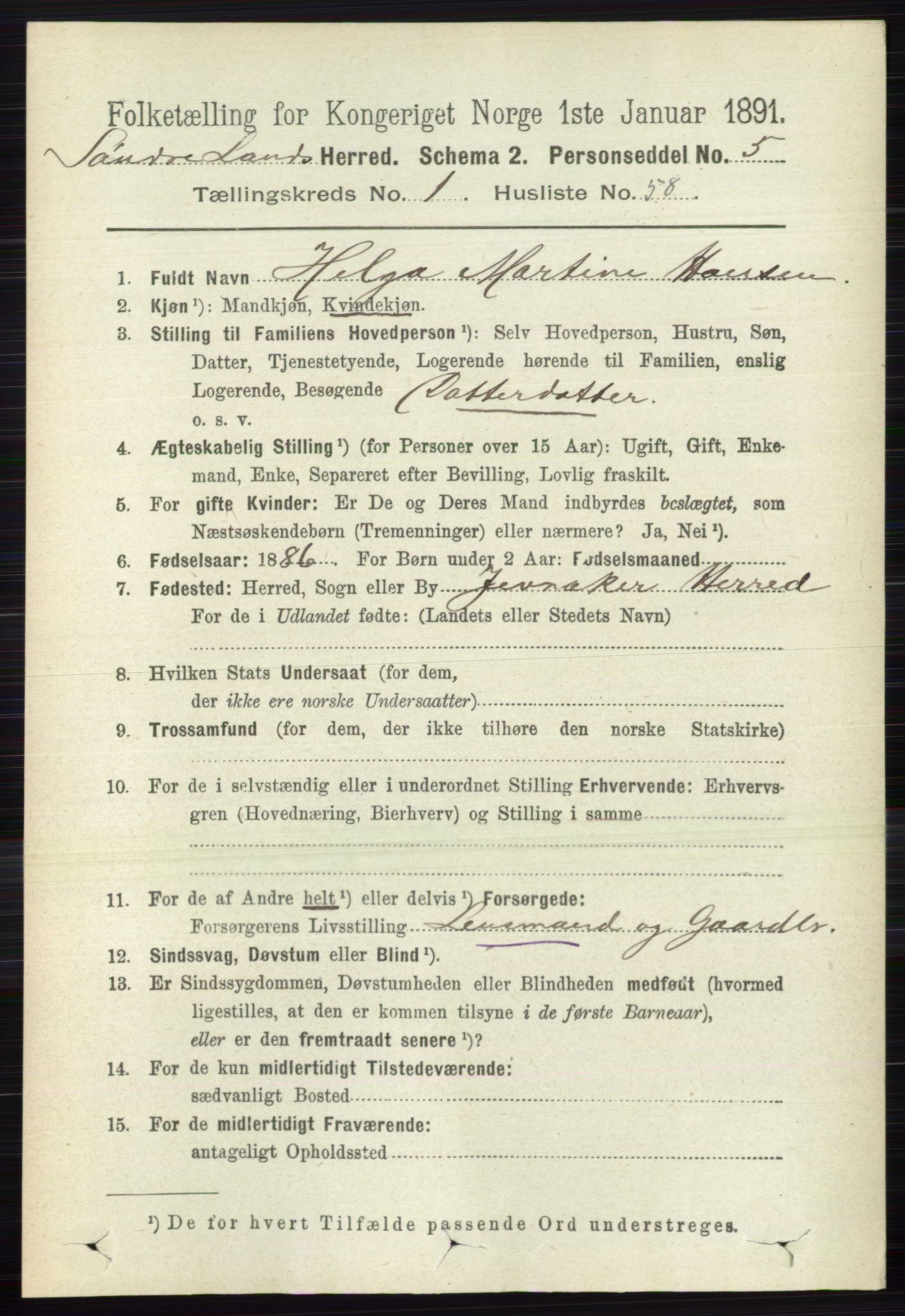 RA, 1891 census for 0536 Søndre Land, 1891, p. 524