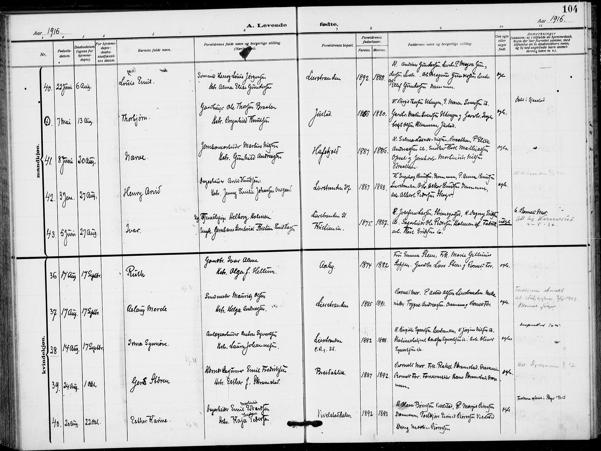 Lier kirkebøker, AV/SAKO-A-230/F/Fa/L0018: Parish register (official) no. I 18, 1909-1917, p. 104