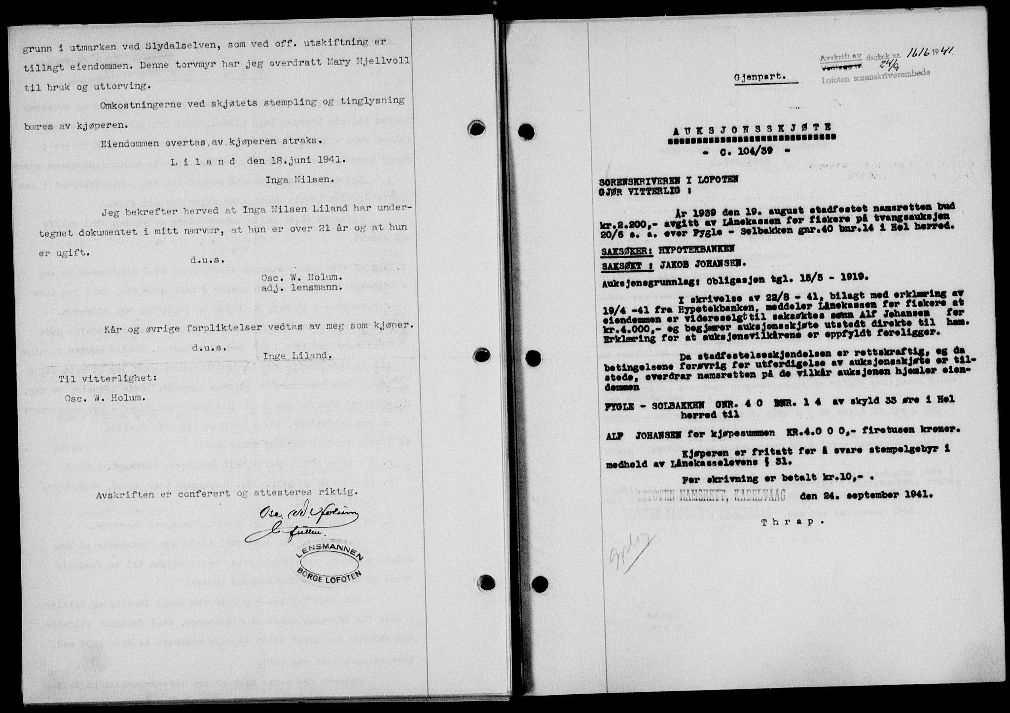 Lofoten sorenskriveri, SAT/A-0017/1/2/2C/L0008a: Mortgage book no. 8a, 1940-1941, Diary no: : 1616/1941