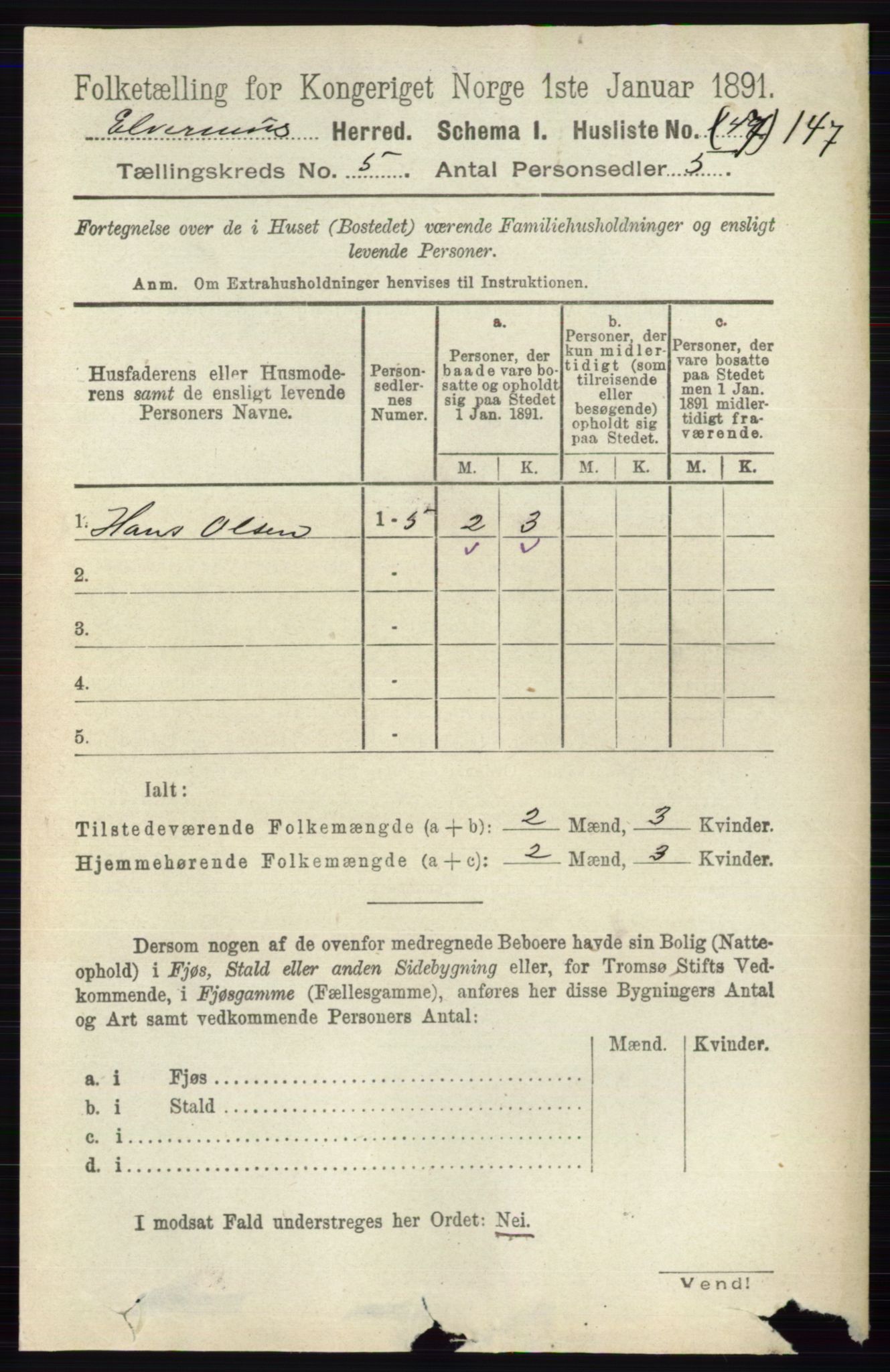 RA, 1891 census for 0427 Elverum, 1891, p. 3078
