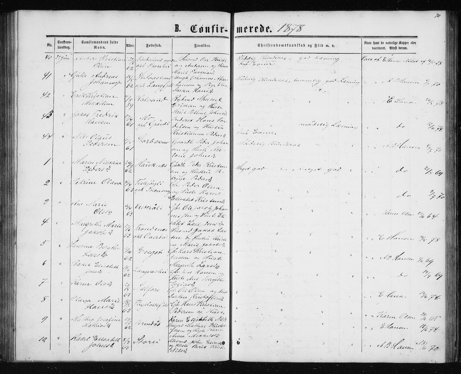 Ministerialprotokoller, klokkerbøker og fødselsregistre - Nordland, AV/SAT-A-1459/827/L0416: Parish register (copy) no. 827C05, 1865-1886, p. 70